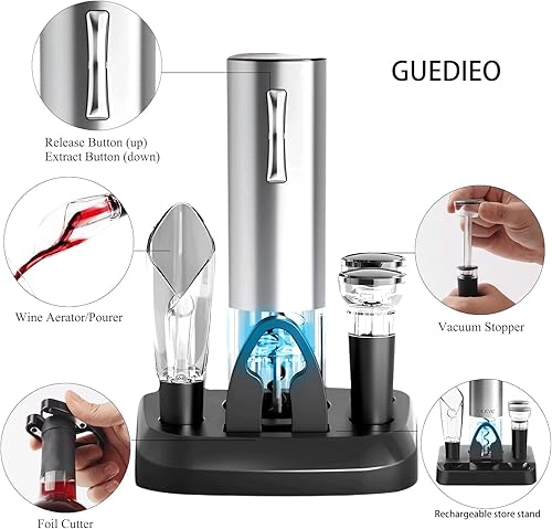 Miniatura 2 de Juego de abridor de vino eléctrico con base de carga, abridor automático de botellas de vino con cortador de aluminio, 2 tapones de vacío, vertedor