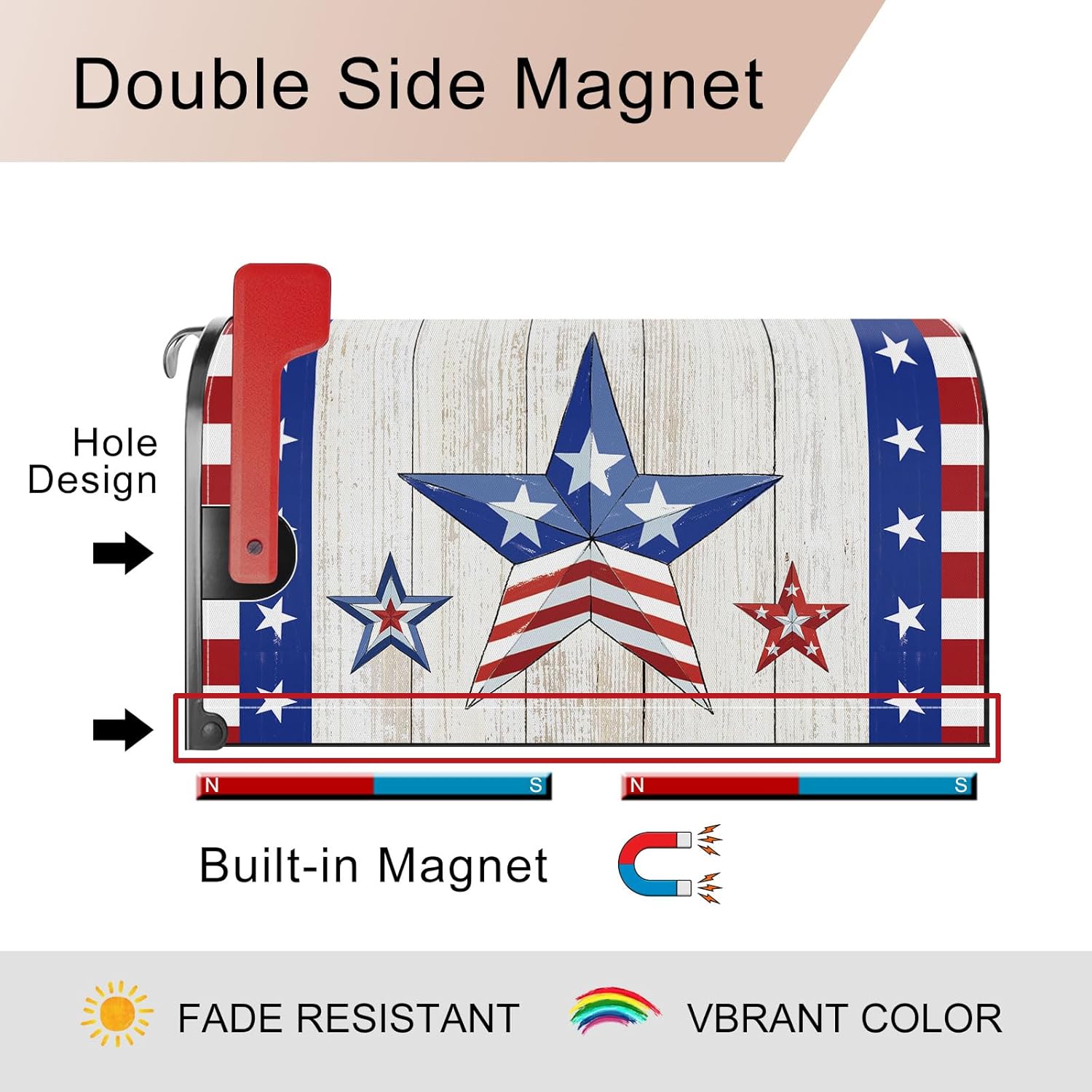 4th of July Patriotic Blue Red Star Mailbox Cover Magnetic Standard Size 21x18 Inch Independence Day Memorial Day Decorative Post Letter Box Wrap Decor Garden Yard Decoration