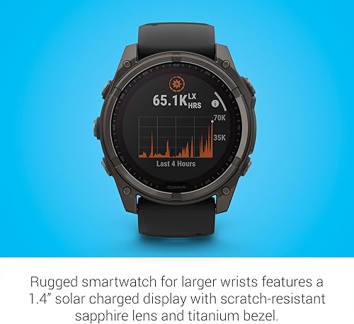 Miniatura 86 de Garmin Fenix 8 Premium Multisport GPS Running Smartwatch, 1.693 in AMOLED, con clasificación de inmersión, linterna incorporada titanio DLC gris