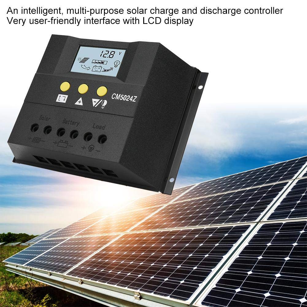 Regolatore di Carica Solare PWM 12V24V CM5024, Controller di Carica e Scarica Solare Intelligente e Multiuso, Display LCD, Nero