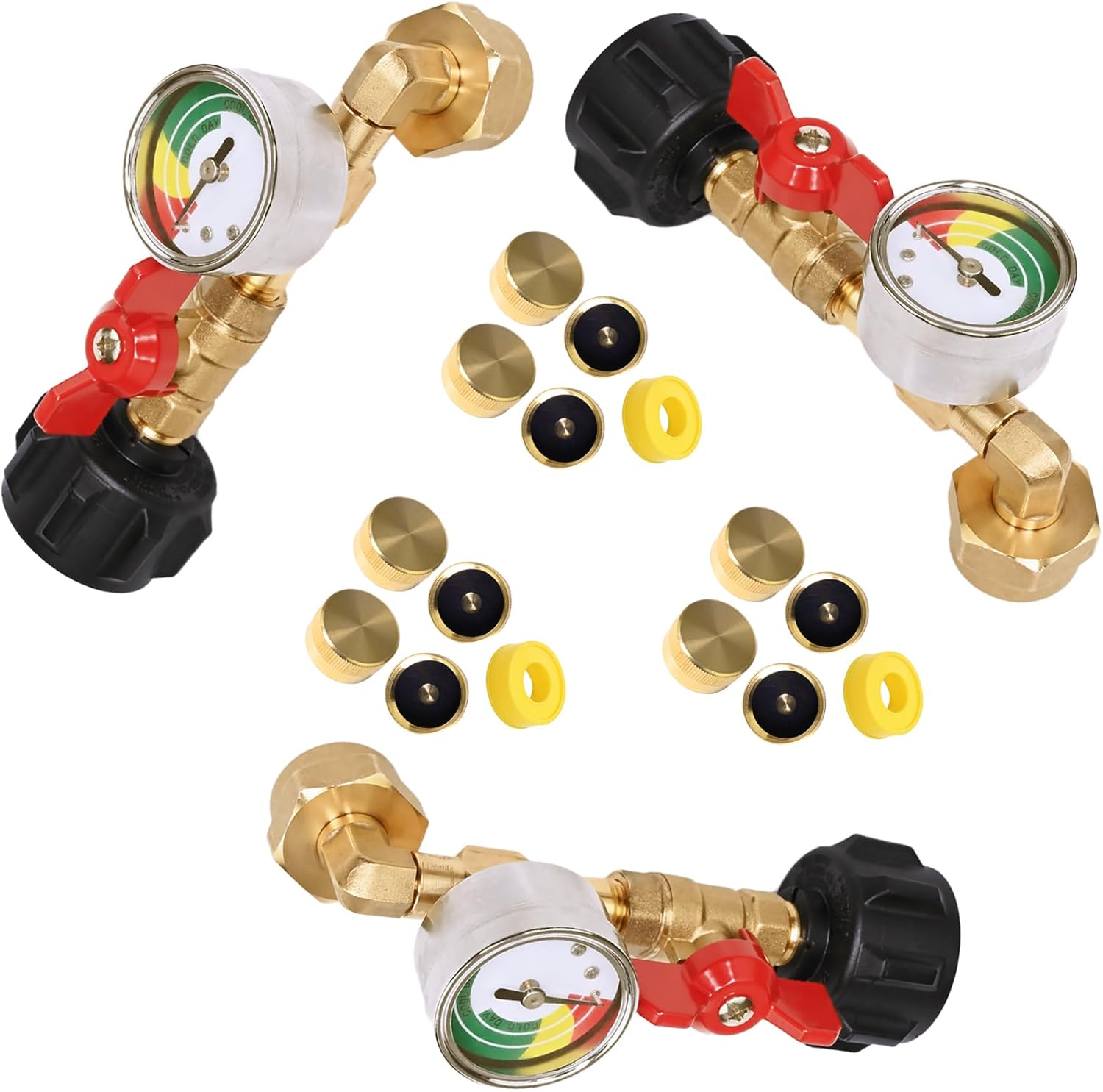 [3 Pack] Upgraded Propane Refill Adapter for 1 lb Tanks, 20–40 lb to 1 lb Converter with Pressure Gauge & Shut-Off Valve, 90° Elbow QCC1 Propane Adapter for Camping, Grill, RV