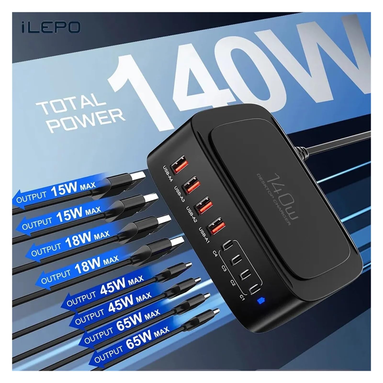 Ładowarka USB C Z 8 Portami I Mocą 140 W. Szybka QC3.0 PPS Technologia Szybkiego Bezpiecznego ładowania