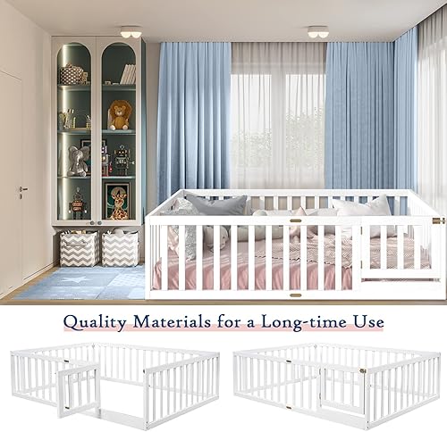 Miniatura 6 de Tatub Cama de piso matrimonial con barandillas de seguridad y puerta marco de cama para niños pequeños tamaño matrimonial para niñas y niños cama de