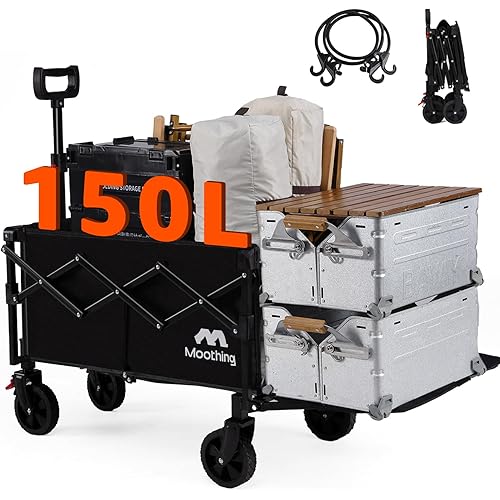 Wagons Carts Foldable, Collapsible Wagon with Wheels, Heavy Duty Beach Cart, Utility Wagon with Tailgate, 150L Large Capacity with Brakes for Gardening, Camping, Shopping, Black D