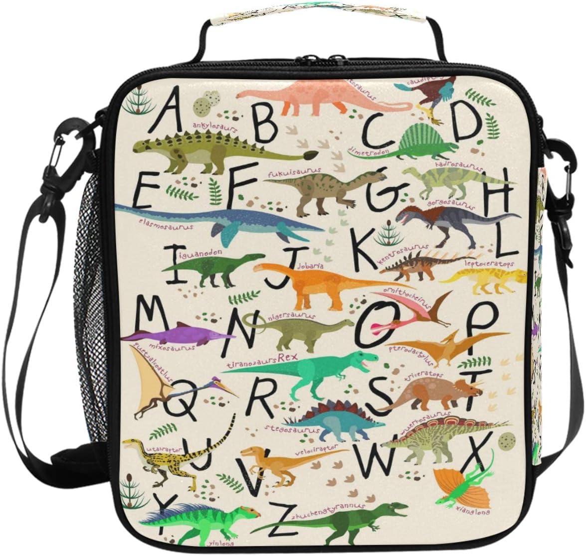 Pfrewn Dinosaur Lunch Box Alphabets With Dinosaurs Lunch Bag Insulated Reusable Cooler Meal Prep Bags Dino Animals Lunch Tote with Shoulder Strap for School Kids Boys Teens Office Adults