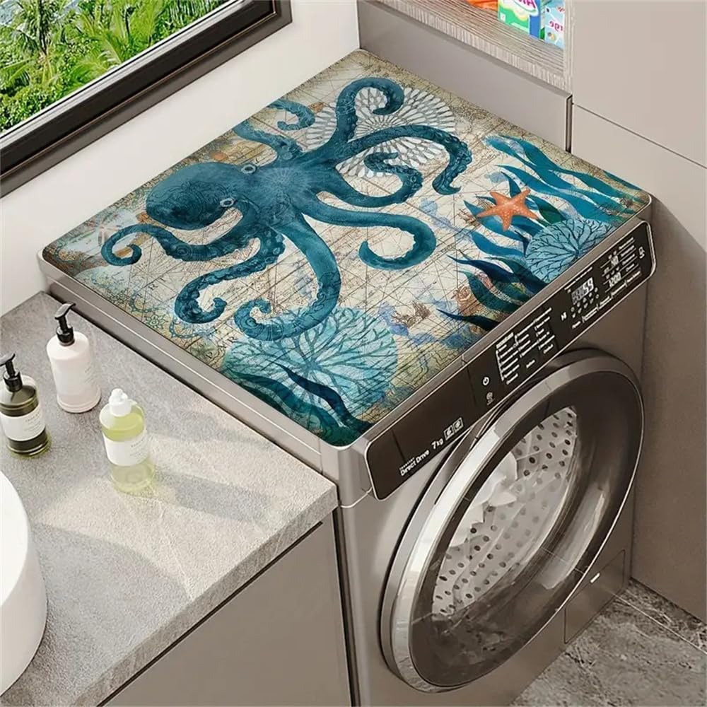 Morbuy Washer and Dryer Covers Protector Mat Top Protector, Ocean printing Washing Machine Cover Absorbent Drying Diatomaceous Mat, Non-slip, for Kitchen Refrigerator (50x50cm,Octopus)