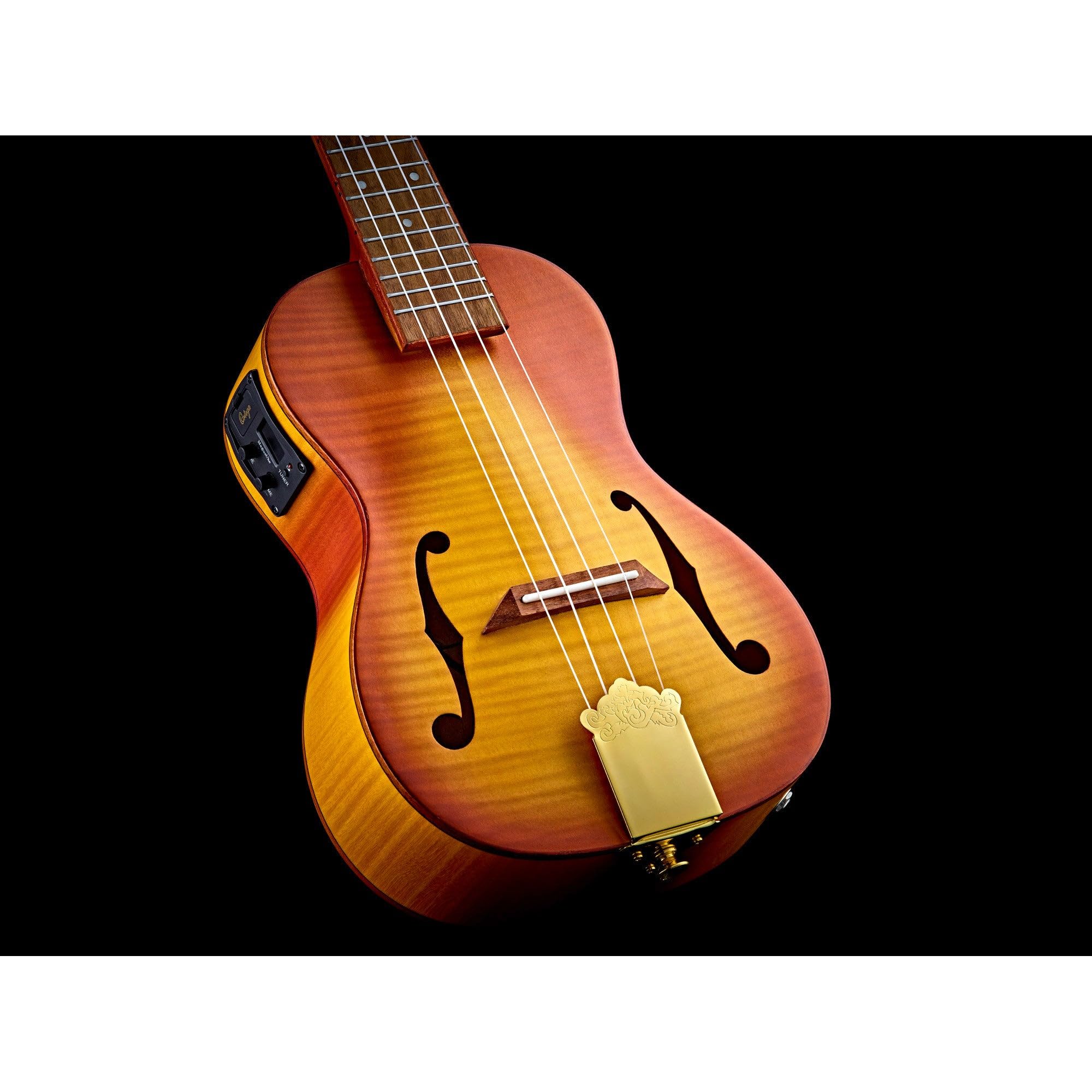 Ortega Saloon Series Concert Ukulele + Estuche DeLuxe - tapa de arce flameado, fondo y aros/tapa y fondo arqueados/boca violín, RUSL-HSB
