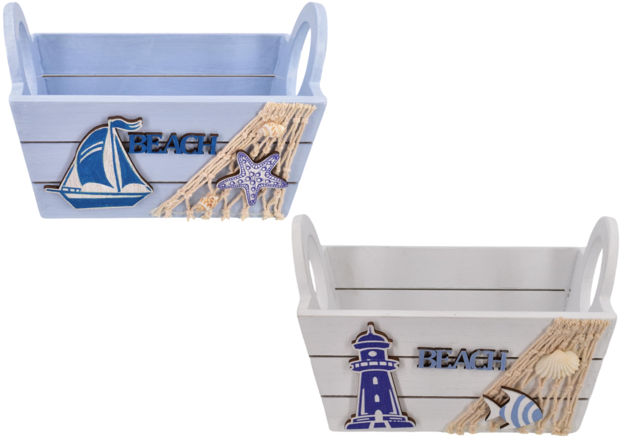 KandyToys Wooden Beach Basket, Nautical Theme, Blue and White, 17cm, 2 Assorted Designs One Sent at Random