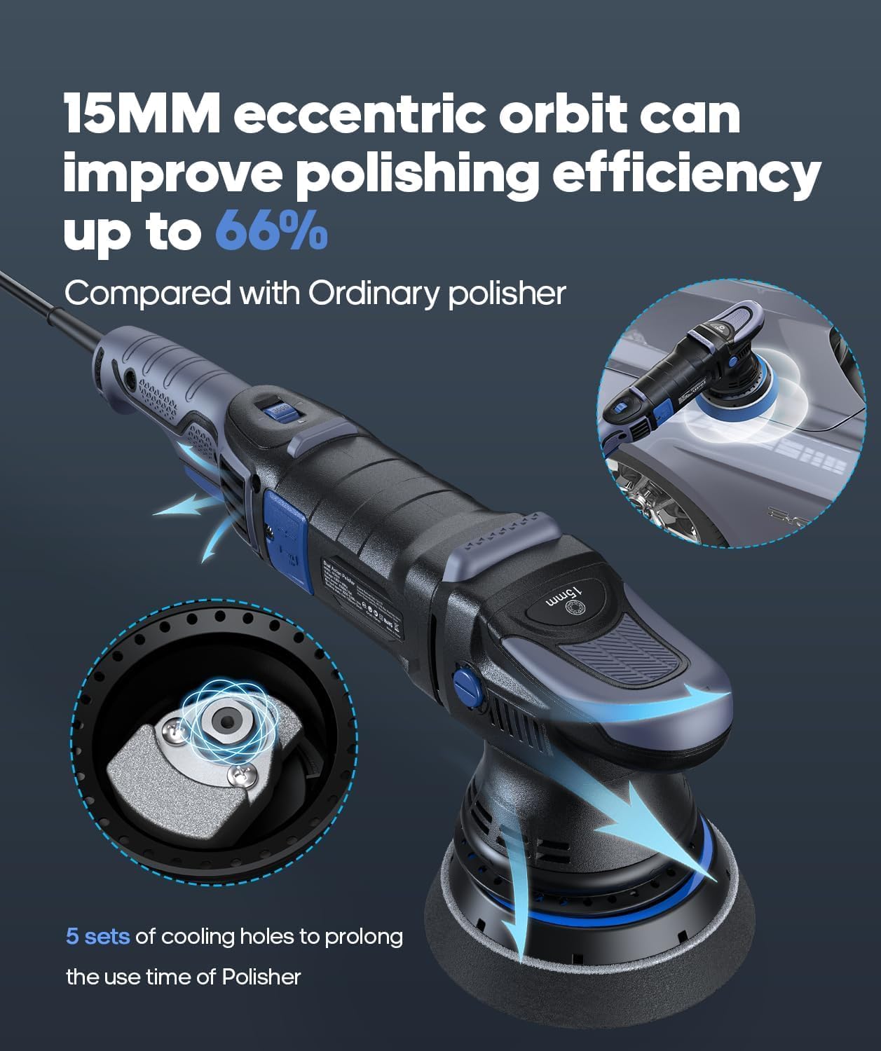 Car Polisher, 1000W Buffer Polisher with 11 Variable Speeds (3000-5200 RPM) with 4 T-Shaped Polishing Pads & 15MM Random Orbital, Polishing Efficiency by 67% Ideal for Car Polishing Care (Light Dark)