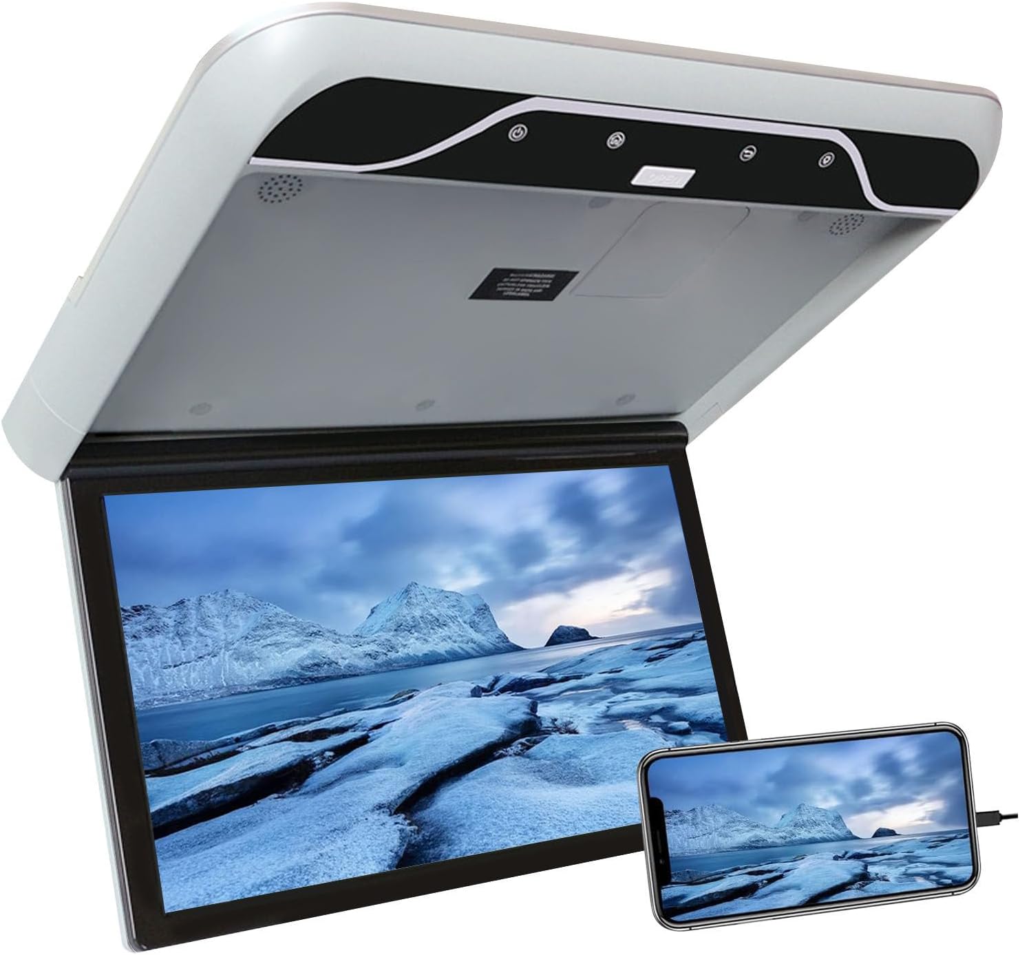 19" Car Overhead Player, 1080P Screen Car Roof Mounted Monitor, with 16 Colors Atmosphere Light, Flip Down Car Monitor Support HDMI, USB, IR,Grey