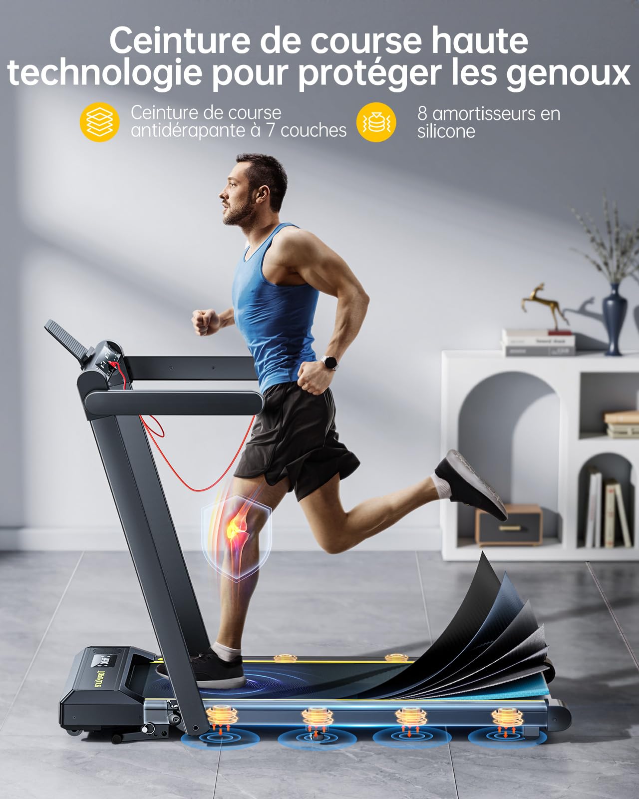 Tapis de Course, vitesse16 km/h, réglage de l'inclinaison à 3 Vitesses, maximale 12%, Bande de Course de 42 cm，électrique Pliable, Double écran LED, Mesure de la fréquence Cardiaque, contrôle par APP