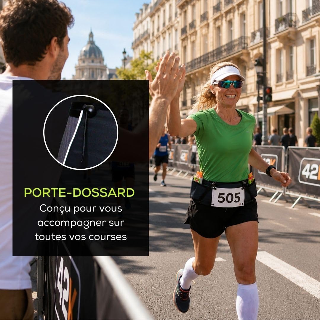 Ceinture Running Femme et Homme Unisexe, Ceinture Course à Pied et Trail avec Porte-Bâtons et Porte-Dossard, Poche Zippée Sécurisée pour Smartphone (M-L)