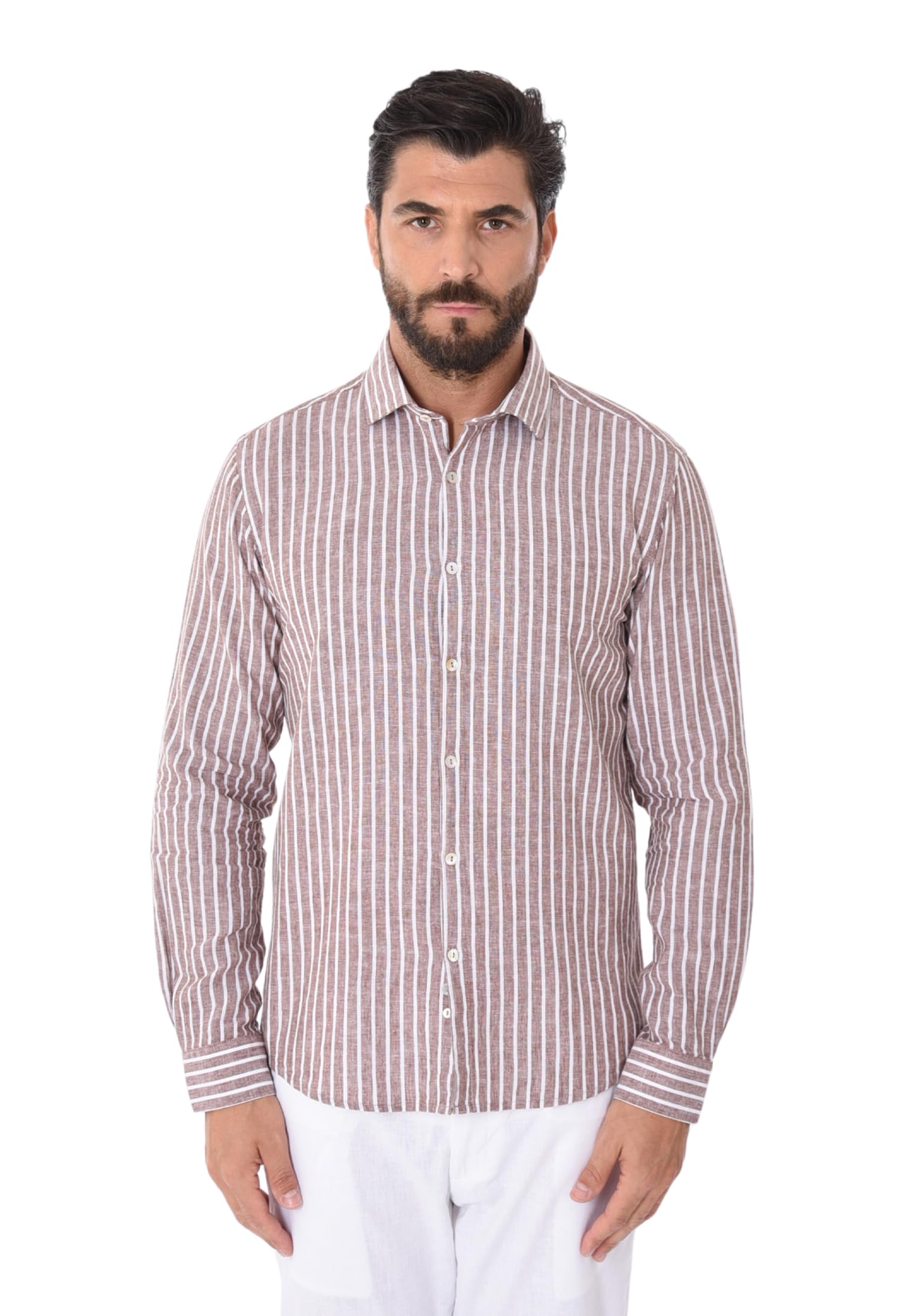 Camicia Lino Uomo Estiva a Righe Bianche Camicia Elegante Collo Francese