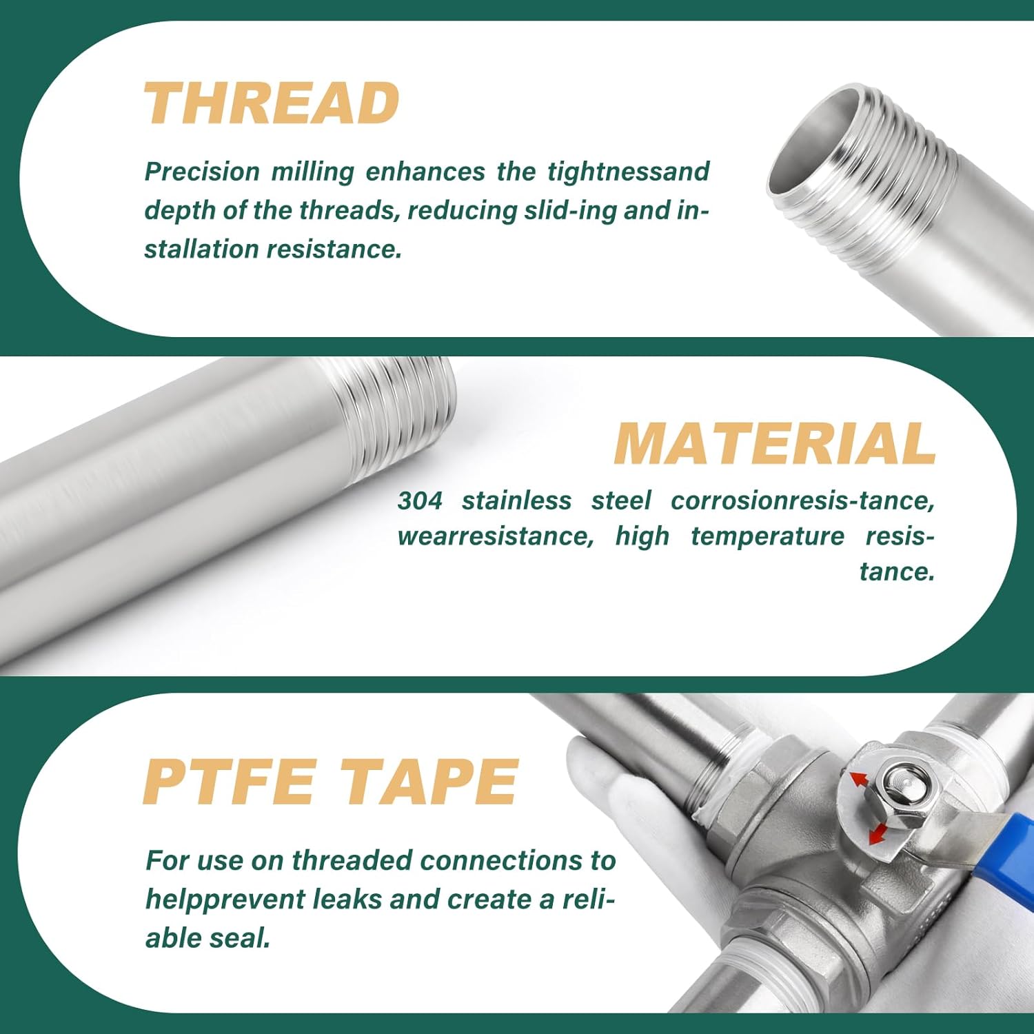 304ステンレススチールパイプ継手2個 2.52cm NPT オス 長さ12インチ ニップルキャストパイプ 水/油/空気/燃料用