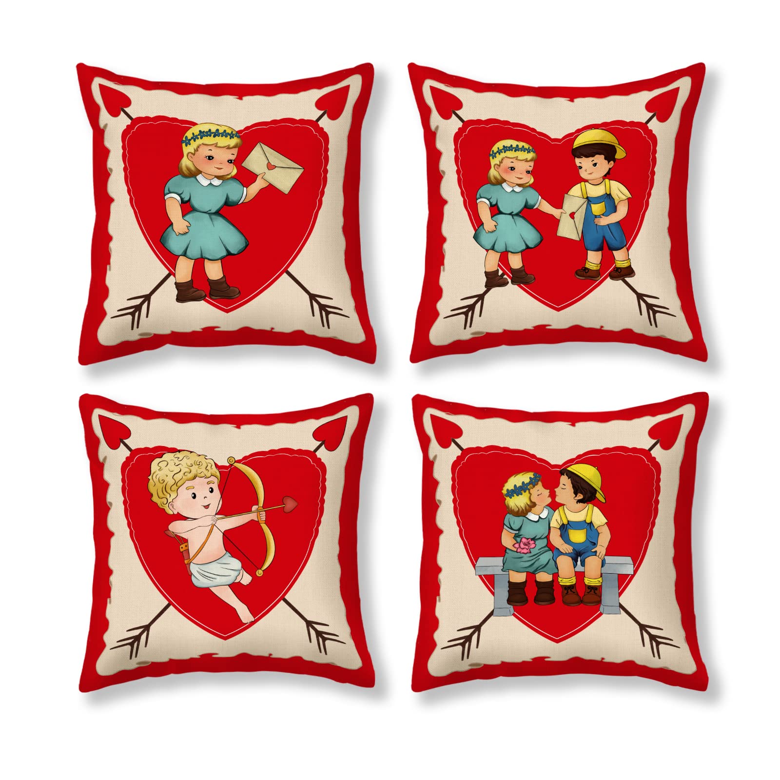 KALAWA Valentine's Day Pillow Covers 18x18 Inches Red Throw Pillow Covers Holiday Heart Love Cupid Outdoor Linen Square Cushion Case for Bed Sofa Couch Chair Set of 4