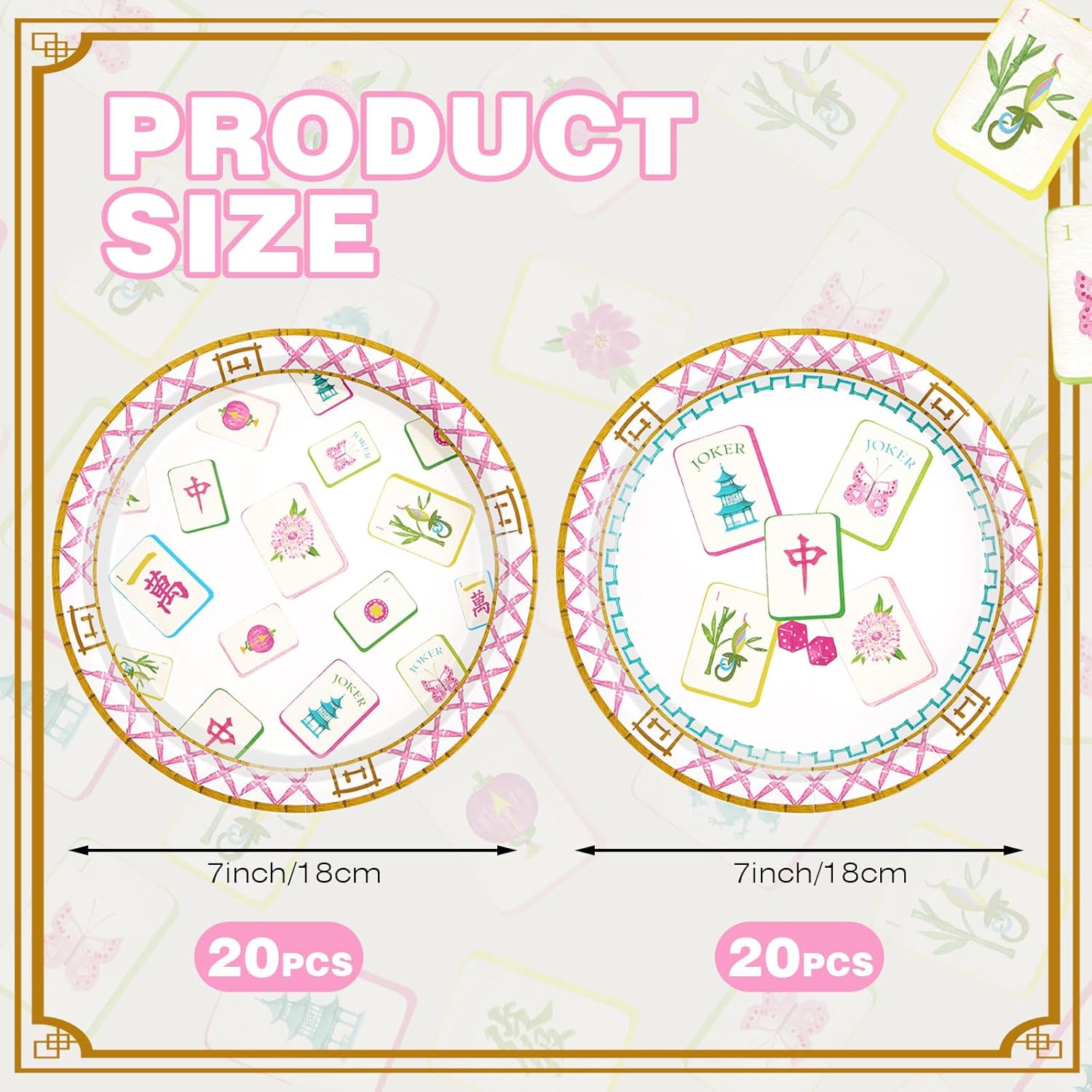 Soulchen 50 Pcs Mahjong Party Plates Set 7 Inch Mahjong Party Supplies Pink Disposable for Gift Special Events Bridal Showers Wedding Anniversary Traditional Chinese Symbols Tableware Dinnerware Home