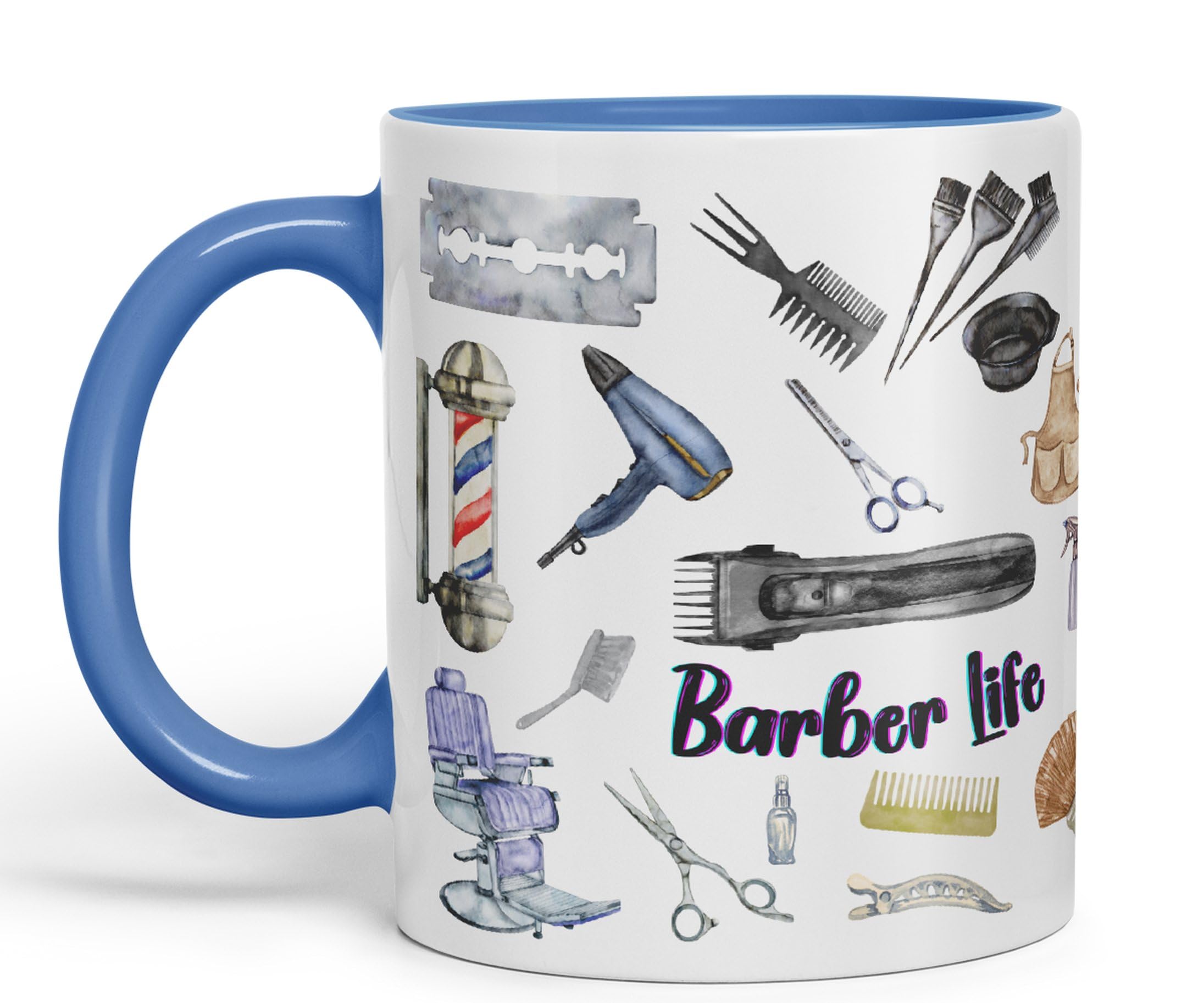 Vixar Barber Life Hairdresser Ceramic Coloured Mug Cup for Tea Coffee Hot Brew 330ml 11Oz Gift (C Blue)