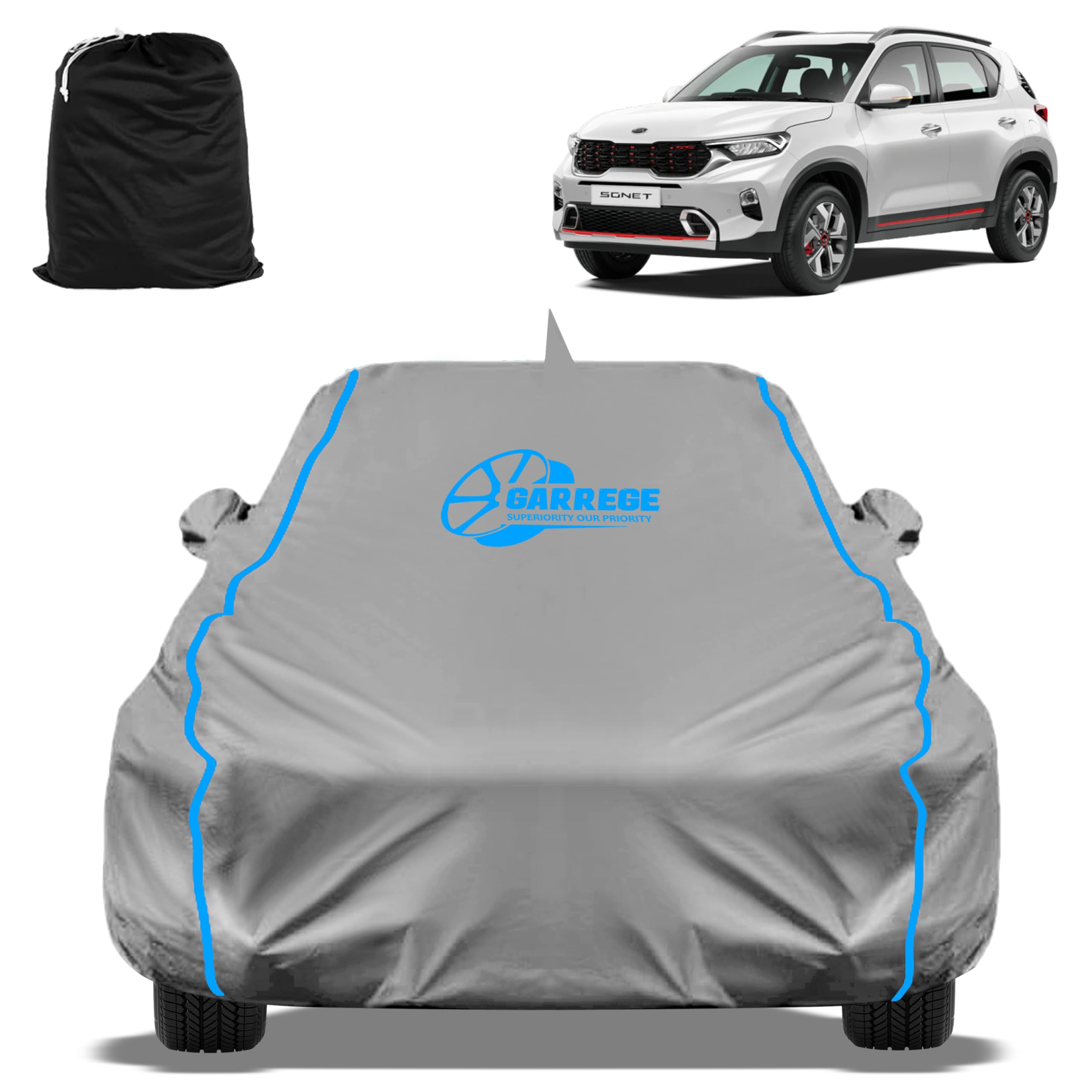 GARREGE Waterproof Car Cover Compatible with Sonet Htk (O) Cover, All-Weather Protection, Soft Cotton Inner Lining, Mirror & Antenna Pockets, Adjustable Belt with Buckle & Elastic, (Grey)