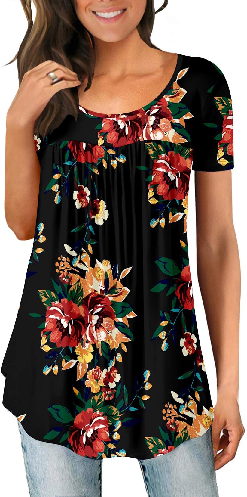 Ladies Tops Short Sleeve Blouse Crew Neck Tunic for Women Floral Henley Shirts for Leggings Loose Fit