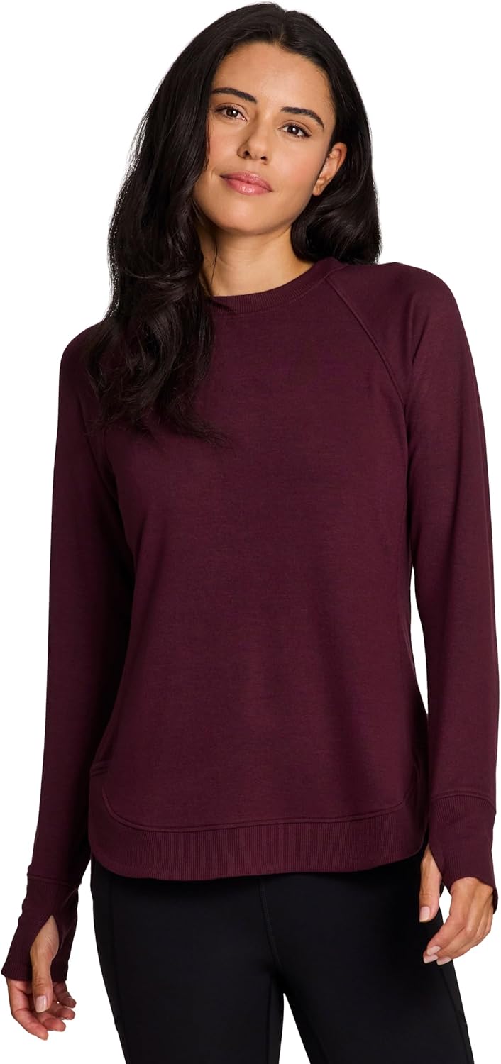 RBX Women's Workout Top, Active Fashion Long Sleeve Yoga Tunic Lightweight French Terry Sweatshirt Pullover with Thumbholes