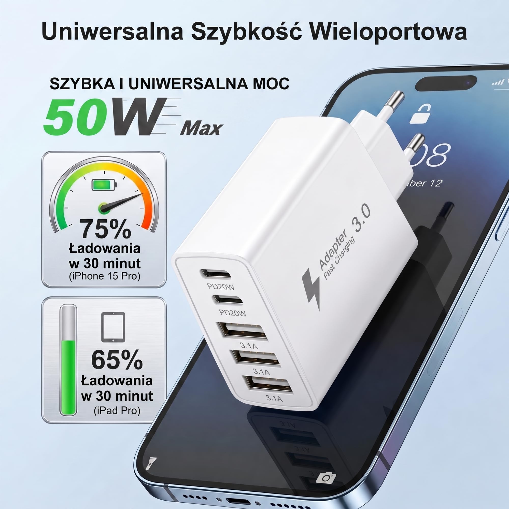 Ładowarka USB C, wieloportowa ładowarka 5 portów z 2×2M kablem USB-C na USB-C, zasilacz USB C 50W PD 3.0 Power Adapter wtyczka USB do iPhone, Samsung