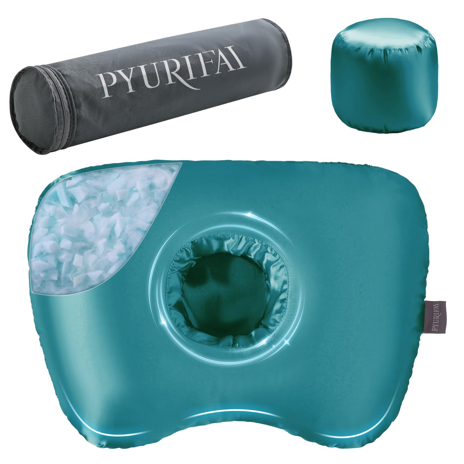 Photo 1 of Piercing Pillow - Ear Piercing Pillow With Foam Plug, Adjust Shredded Memory Foam Picrcing Pillow For Side Sleepers, Donut Piliow For Ear With 4.5x4.5''Hole, Ergonomic Curved Design, Satin Turquoise