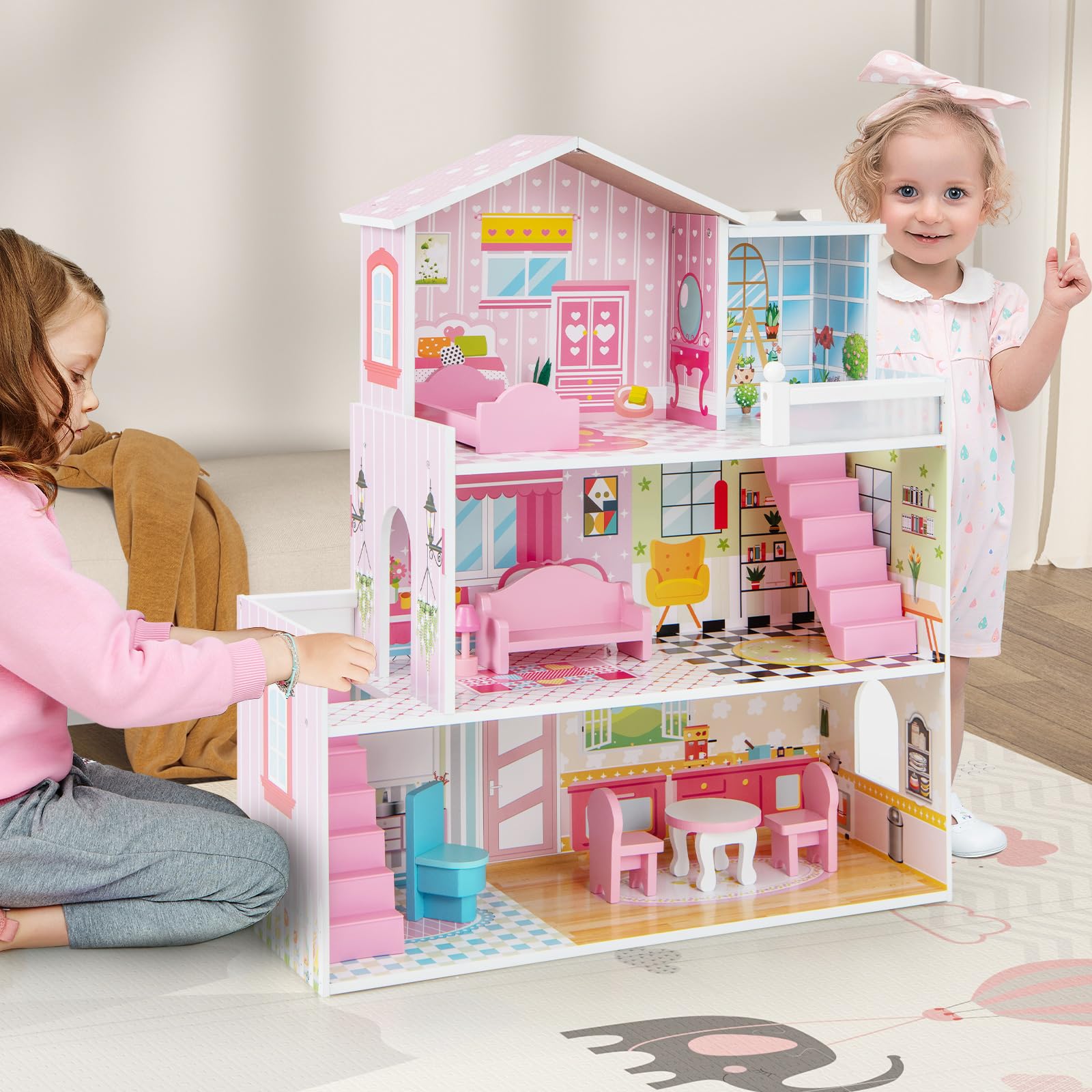 GOPLUS 3-poziomowy domek dla lalek, domek dla lalek z uroczym zestawem mebli i akcesoriami, meble dla lalek z 5 pokojami, domek dla lalek z drewna, dla dzieci od 3 lat, różowy