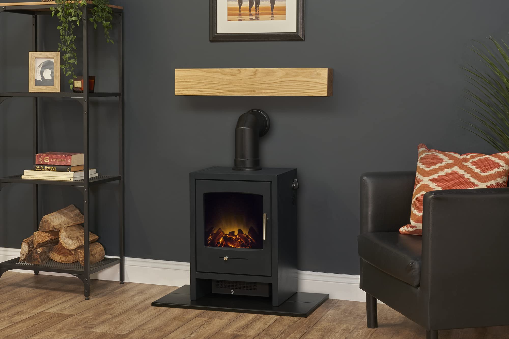 B&Q -  Oak BeamHearth & Stove Pipe With Bergen Stove In Charcoal Grey