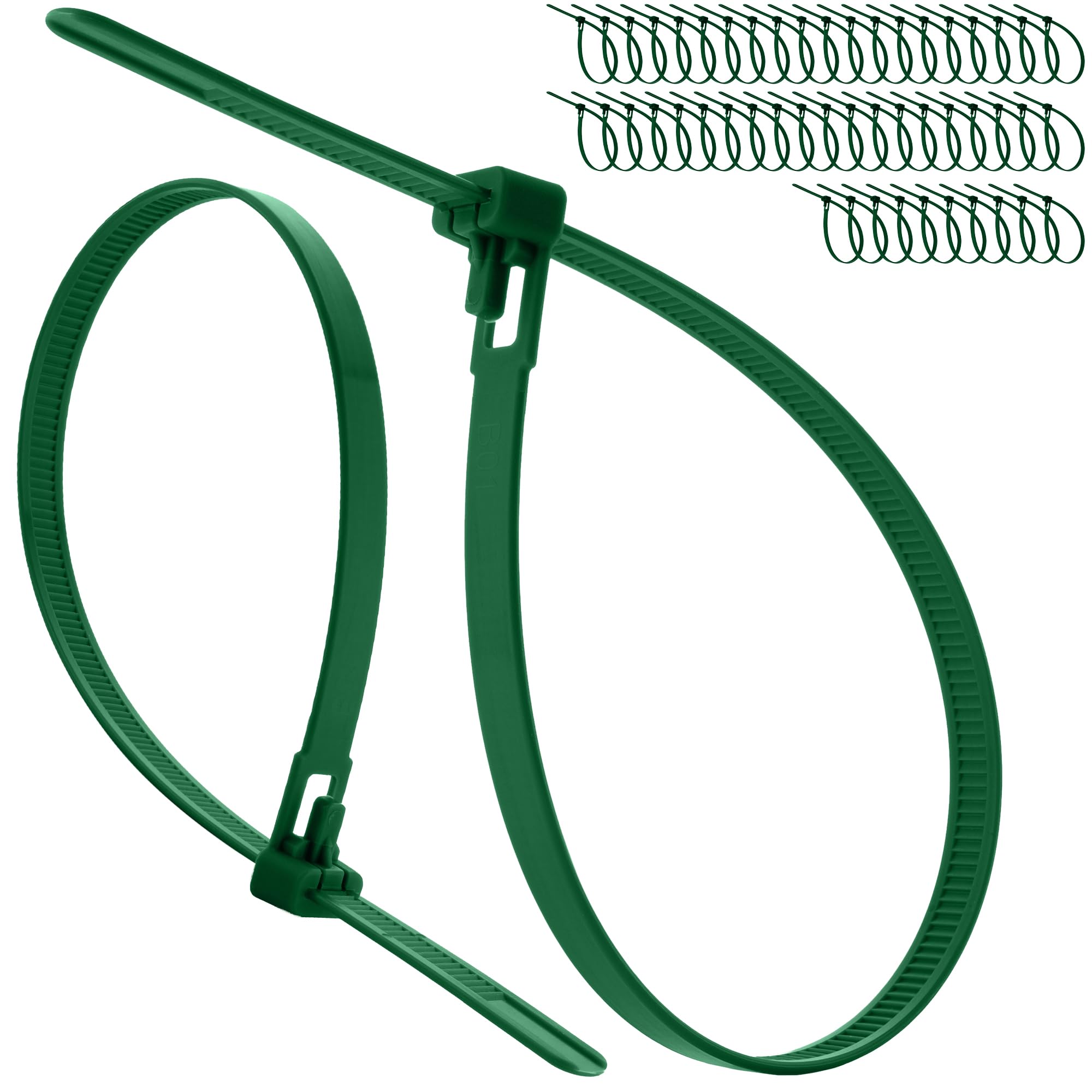 On1shelf Green Releasable Cable Ties 7.2Mm X 300Mm 50 Pack Heavy Duty Reusable Zip Ties, Adjustable Removable Nylon Pa66 Tie Wraps For Garden, Plant Support & Cable Management