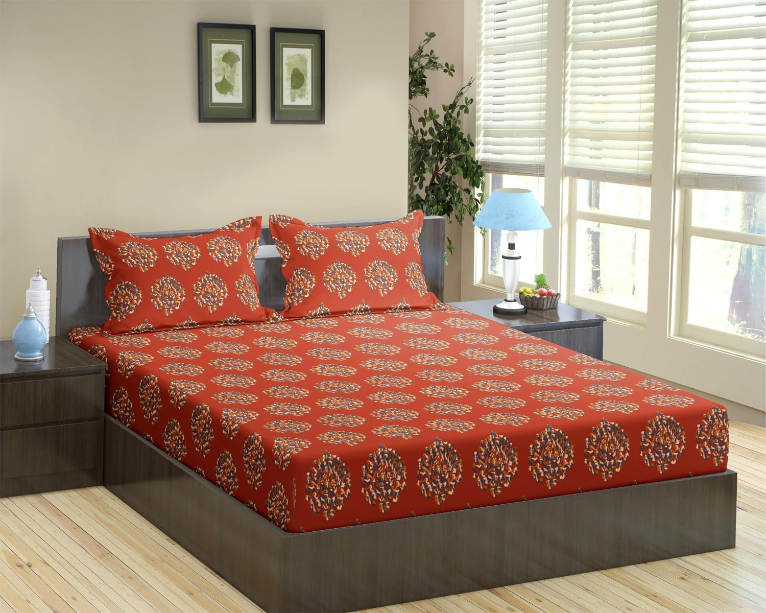 Trance Home Linen 200 TC 100% Cotton King Size Printed Bedsheet | Bedding Set of King Size Flat Bed Cover with 2 Pillow Covers (108x108 inch | 9ft x 9ft - Damask Red) (B092QZ4QR8) Amazon Price History, Amazon Price Tracker