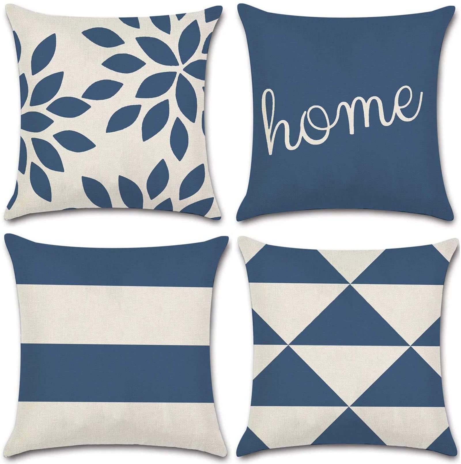 Juego de 4 fundas de almohada de 4 unidades, color azul, simple, moderno, geométrico, algodón, lino, decoración del hogar, cuadrado, para sala de estar, sofá decorativo