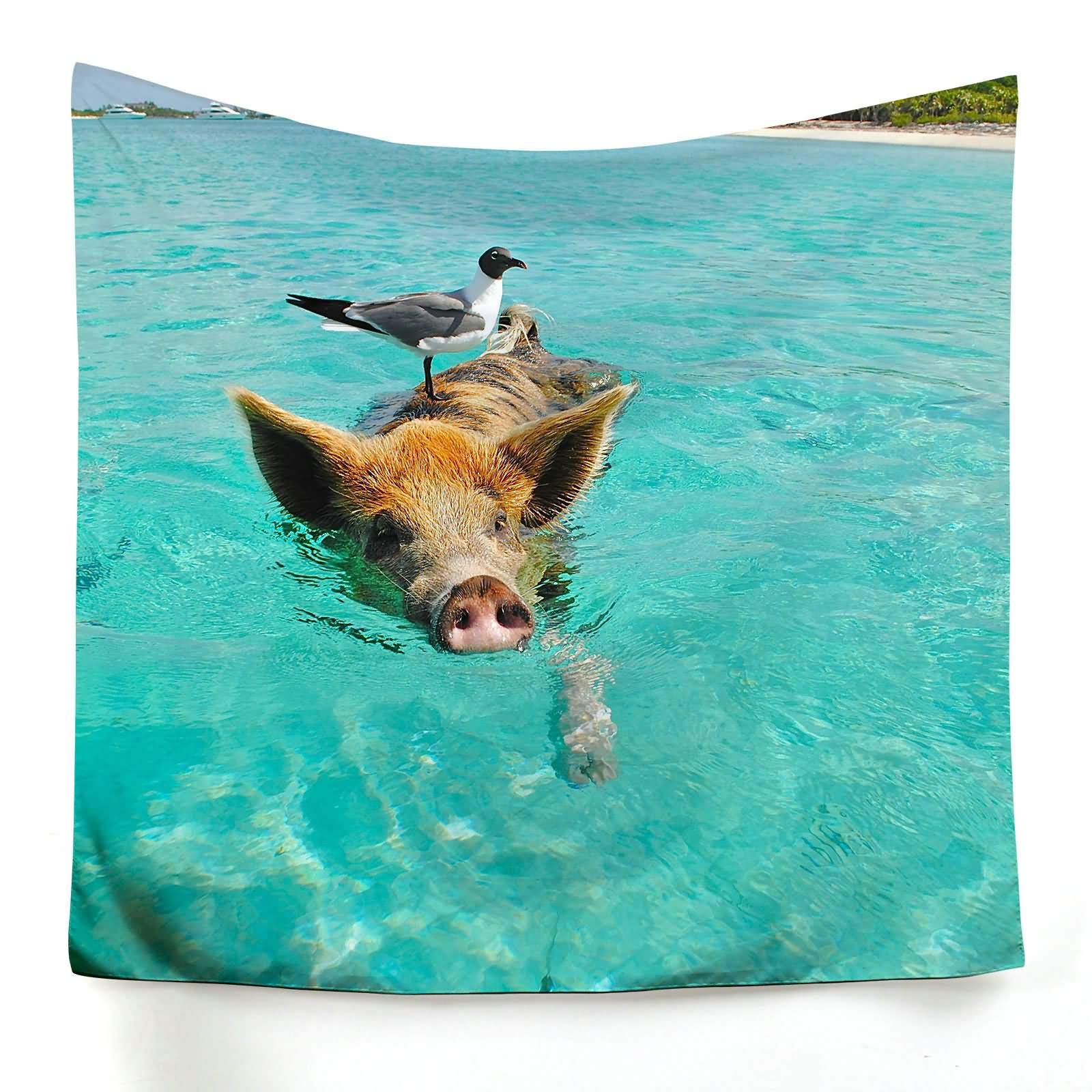 Tapisserie murale océan cochon oiseau 150x150 toile imprimée mode vert pour déco salon