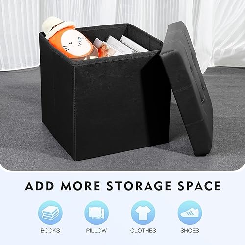 Miniatura 10 de B FSOBEIIALEO Cubo otomano de almacenamiento, baúl de almacenamiento, reposapiés plegable para sala de estar, 12.6 x 12.6 x 12.6 pulgadas (negro