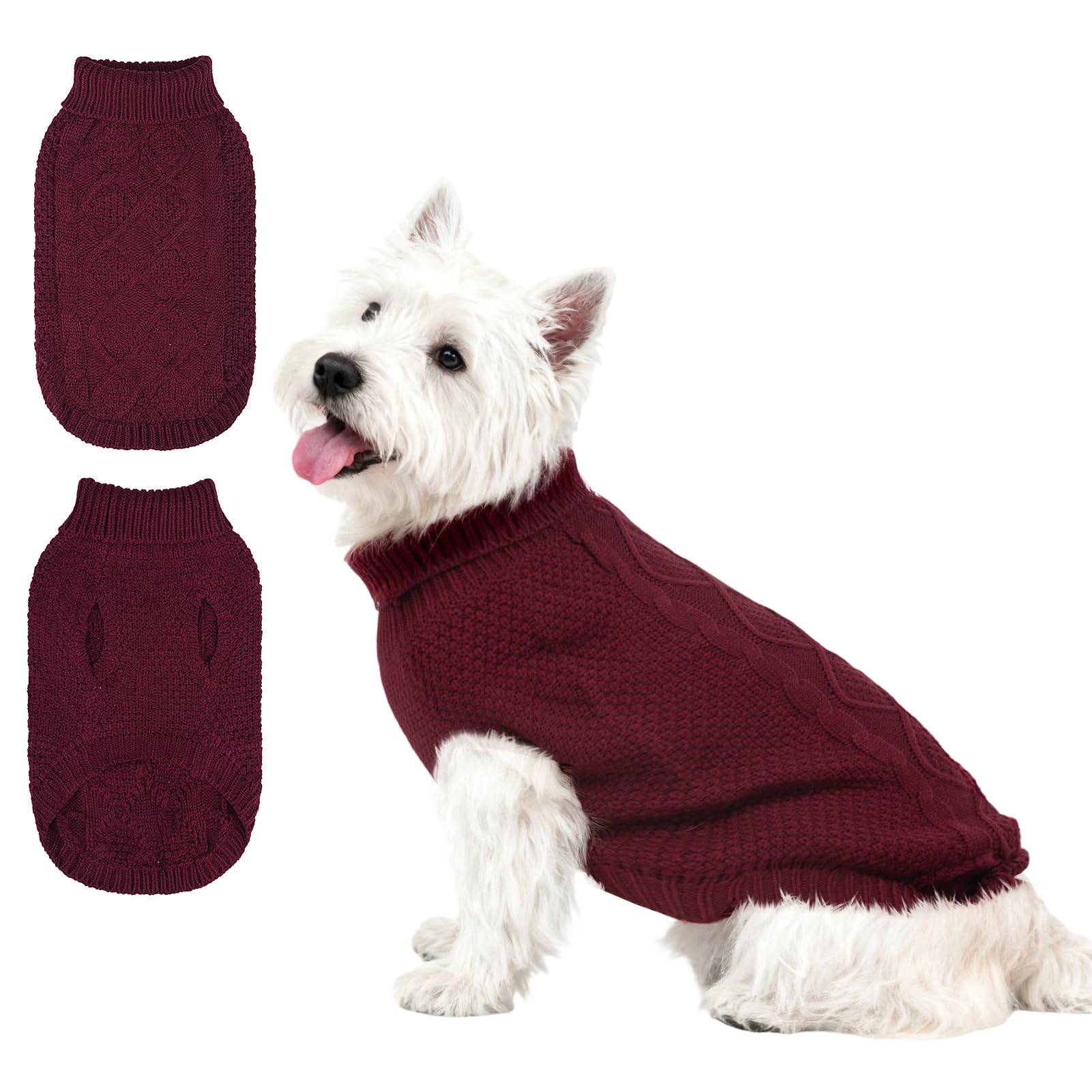 Mihachi Turtleneck Dog Sweater - Winter Coat Apparel Classic Cable Knit Clothes with Leash Hole for Cold Weather, Ideal Gift for Pet in New Year Wine Red Small
