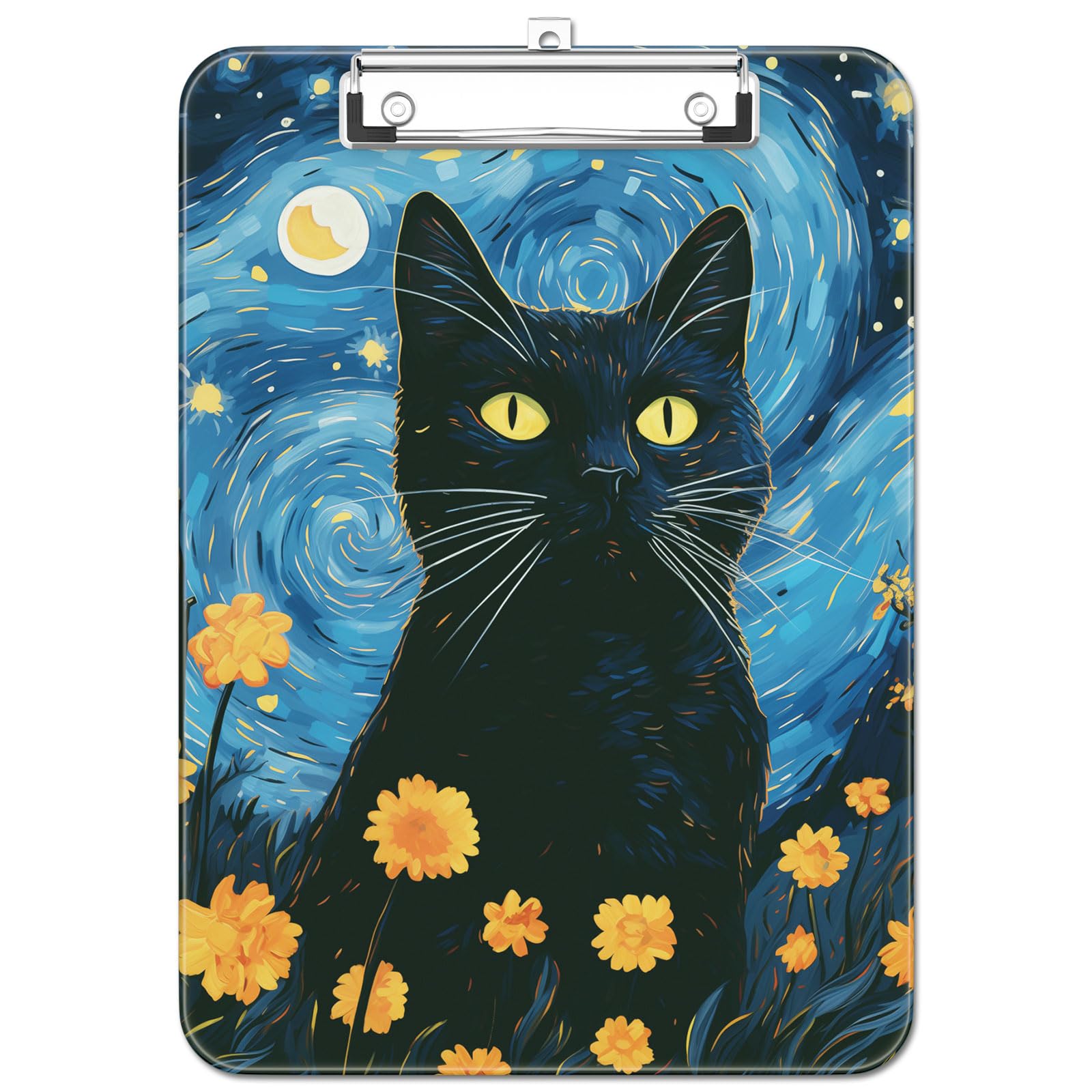 Luminzo Plastic Cute Clipboard, Low-Profile Metal Clip, A4 Letter Size 9 x 12.5 in, 8.5 x 11 Paper Clip Board for Teachers, Nurses, Classroom, Starry Night Cat