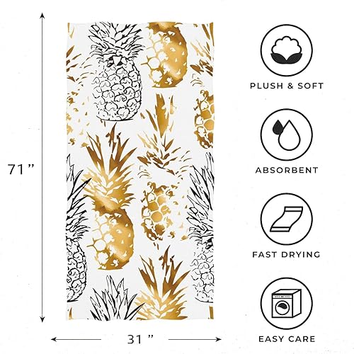 Miniatura 4 de OTVEE Toalla de playa de piña tropical dorada de gran tamaño, 31 x 71 pulgadas, toalla de piscina extra grande, ligera, suave, absorbente, sin