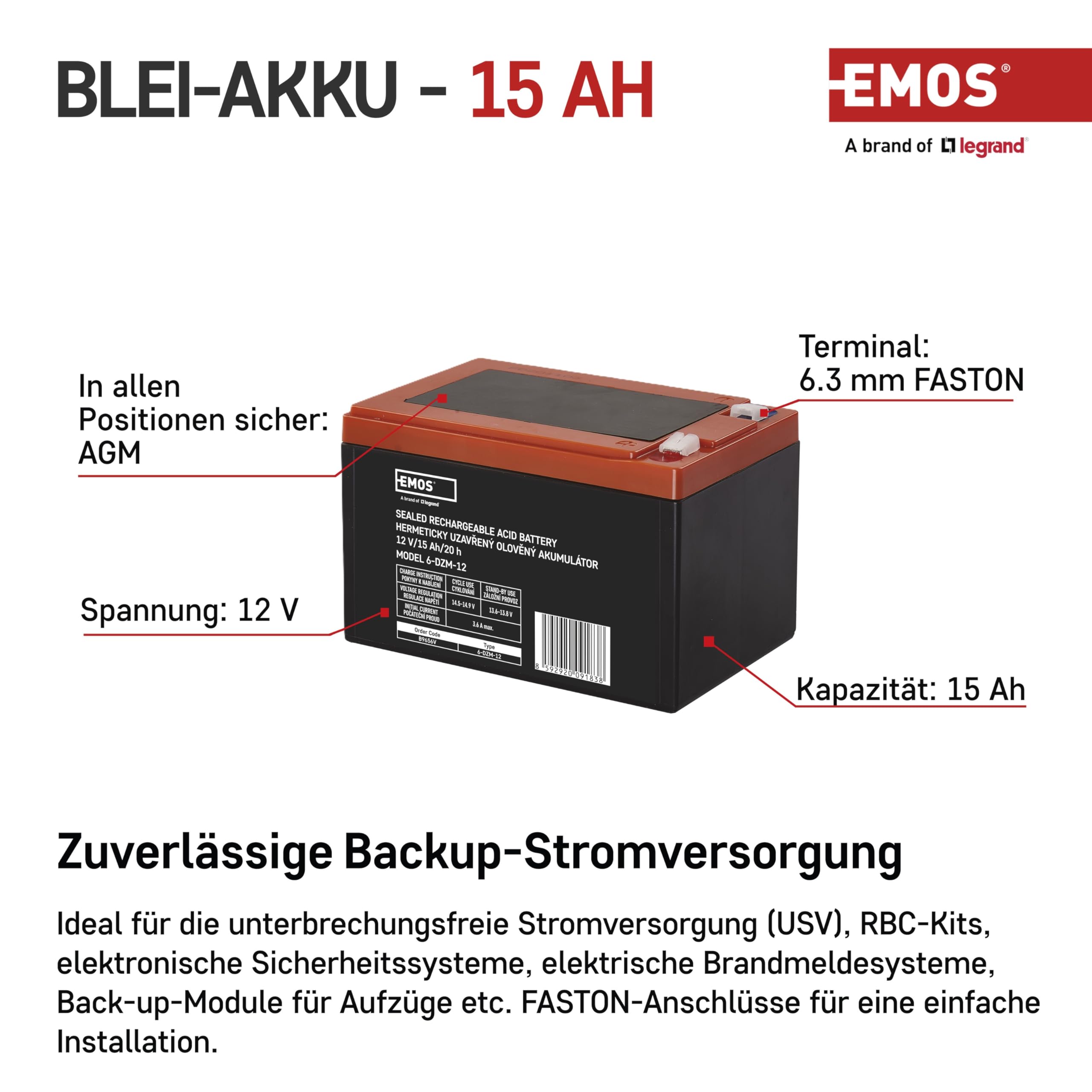 EMOS - Wartungsfreier Bleiakku - 12V 15Ah - AGM Batterie - Faston 6,3mm Anschluss - Für Elektromotore, Handhabungstechnik, Gabelstapler, medizinische Bette, Reha-Bereich - Zyklenfest - 150x100x102mm