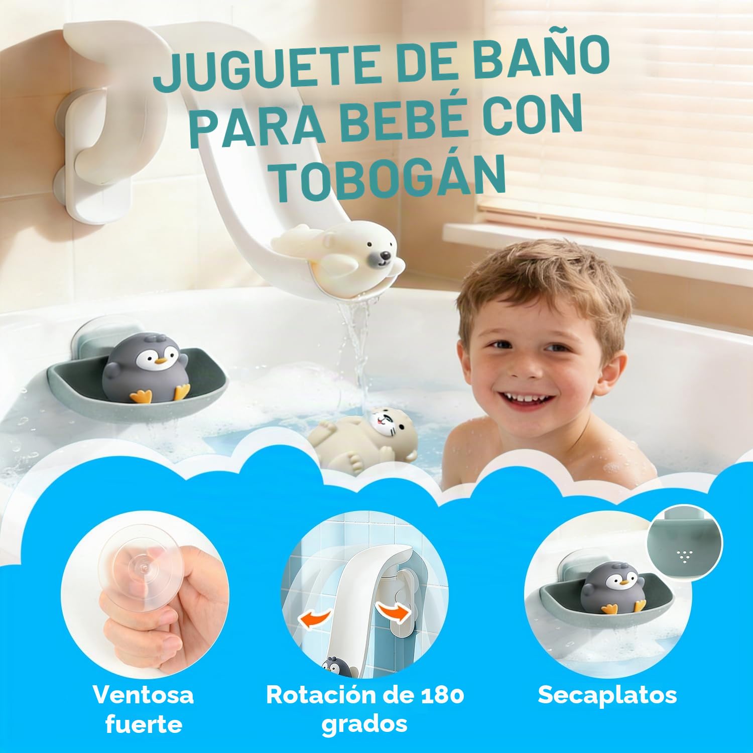 Juguetes Baño Bebe, Juguetes Bañera con Tobogán, Engranajes, Barcos Apilables y Bolsa de Almacenamiento, Juguetes para Baño Juegos de Agua Juguetes Educativos Regalos para Niños Niñas 1 2 3 4 Años