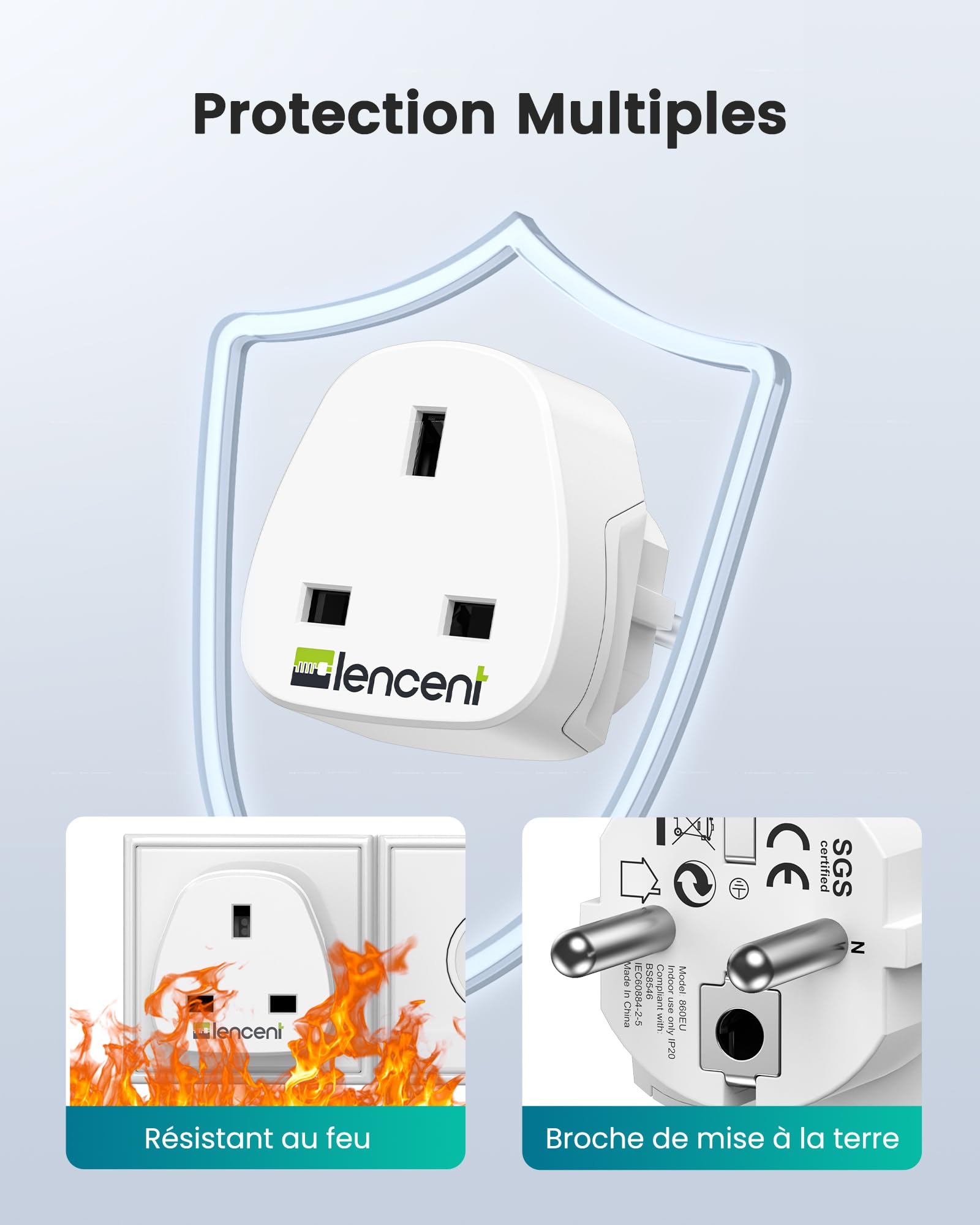LENCENT Adaptateur Prise UK vers France/Europe, Prise Type G vers Type E, Adaptateur pour appareils électriques Britanniques vers la France, Prise Anglaise vers française 2 Pièces
