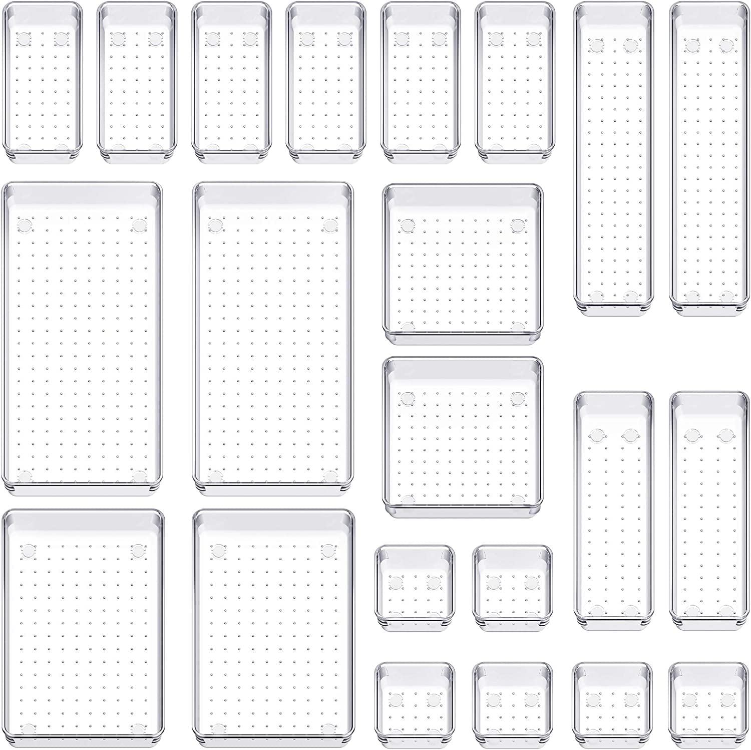 Snazzy 22-Piece Clear Drawer Organizer Trays 7 Sizes Non-Slip Desk Drawer Divider bins
