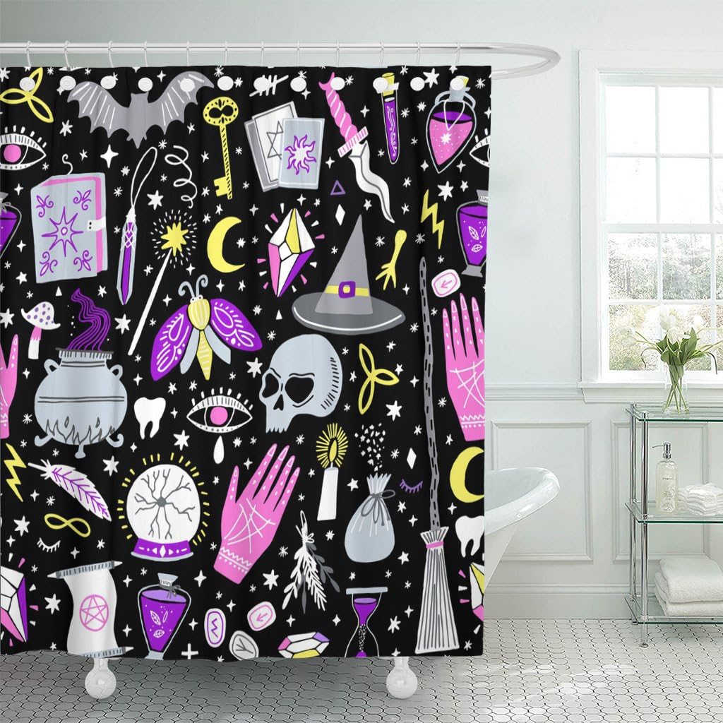 Emvency Halloween Shower Curtain Black Alchemy Magic Witch Witchcraft Bohemian Drawing Waterproof Polyester Fabric 72 x 72 inches Set with Hooks
