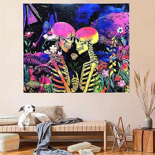 Miniatura 3 de SIGISY Tapiz para amantes del cráneo de luz negra, tapiz romántico para amantes del cráneo, tapiz floral de hongos reactivos a los rayos UV, tapiz