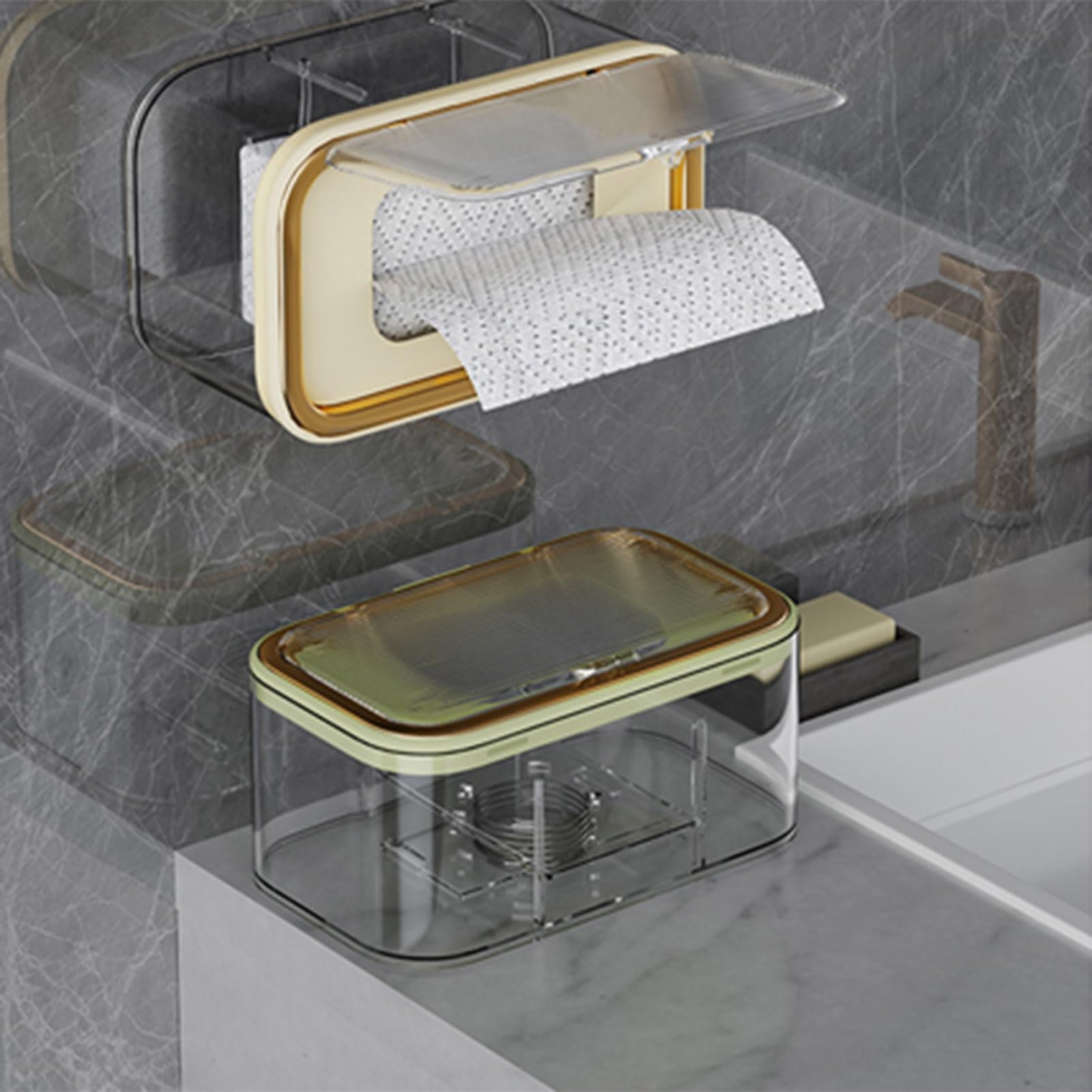 Dispensador de toallitas húmedas de gran capacidad montado en la pared, contenedor de toallitas recargable, caja de pañuelos multifuncional, soporte para toallitas para baño, dorado y blanco