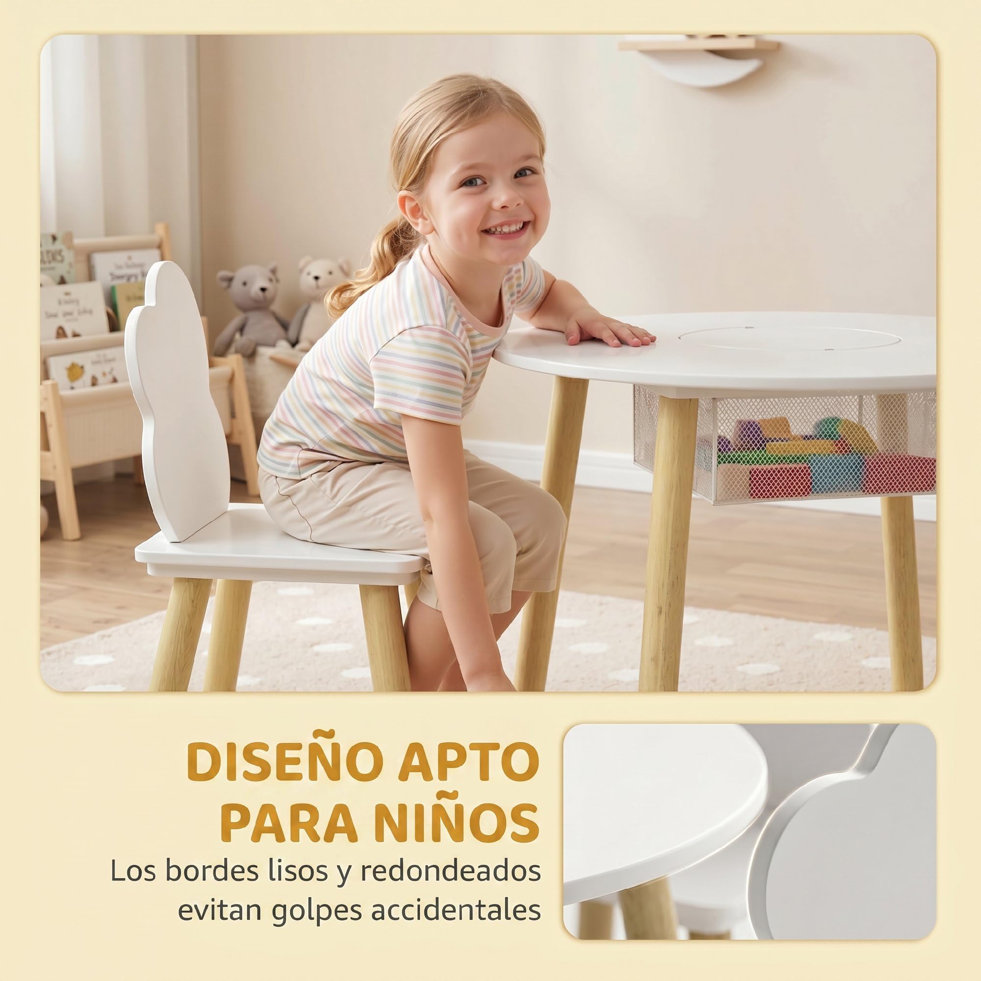 AIYAPLAY Mesa Infantil con 2 Sillas, Bolsa de Malla, Tema de Nube, Blanco | Mesa y Sillas Infantil, Niños y Niñas de 3-6 Años, Hogar, Guardería, Aulas