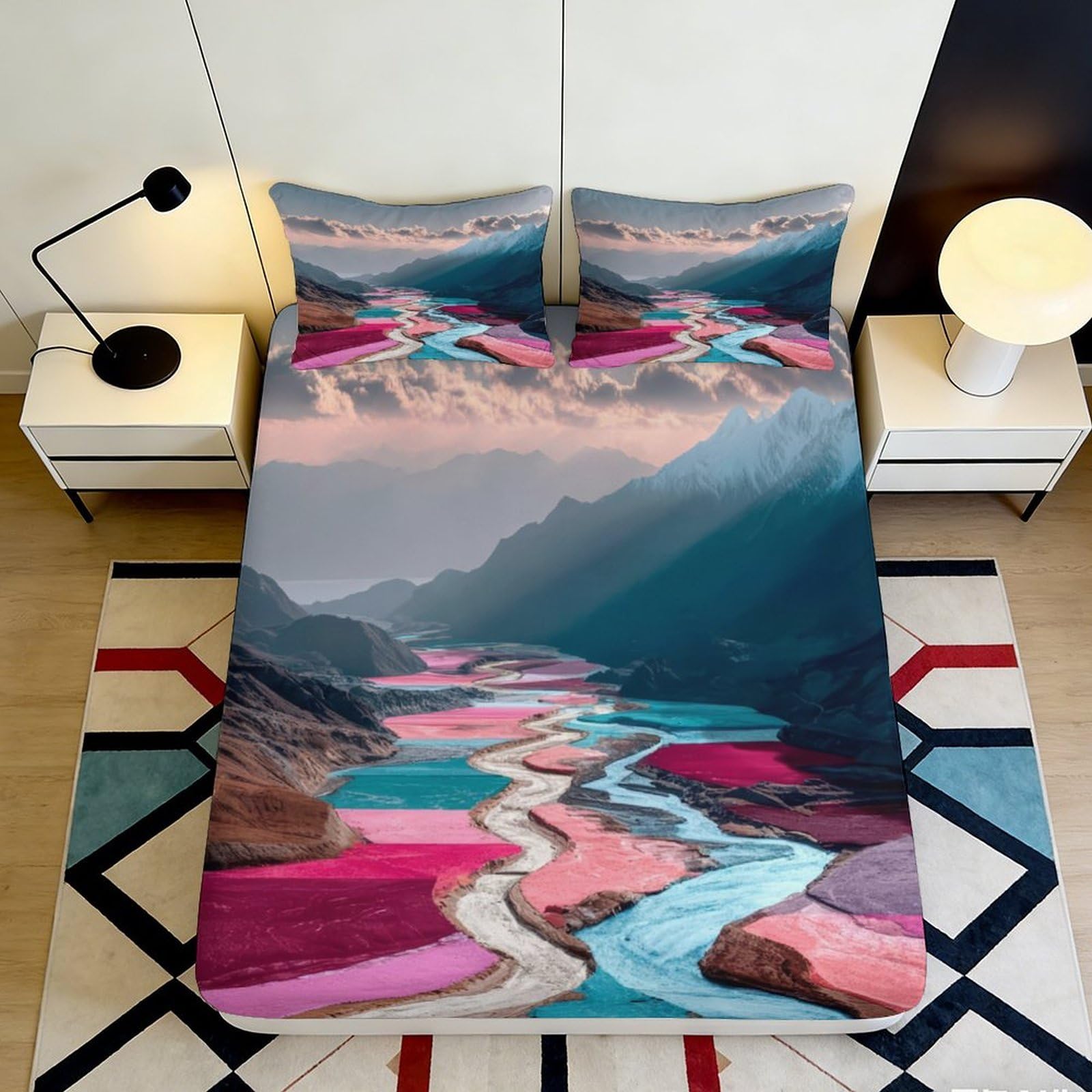 3D Printed Mountain River Fitted Sheet Microfiber Multicolor Landscape Bed Sheet for Bedroom Dorm Mattress Protection Decor 180x200x25cm