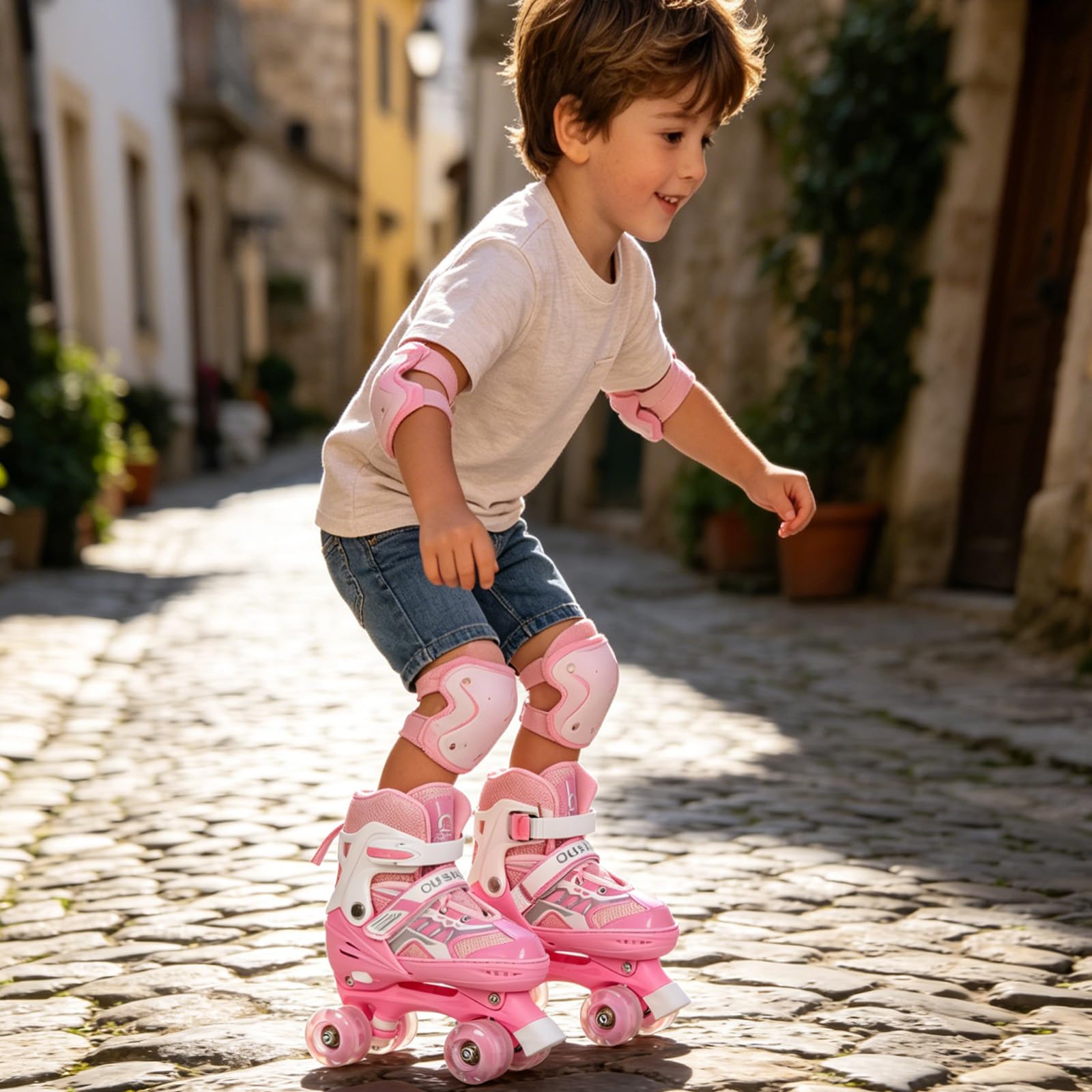 OHMG Roller per bambini, bambine e ragazzi, pattini a rotelle per bambini, 4 dimensioni regolabili, pattini a rotelle per bambini con 8 ruote luminose, pattini a rotelle per bambini per principianti