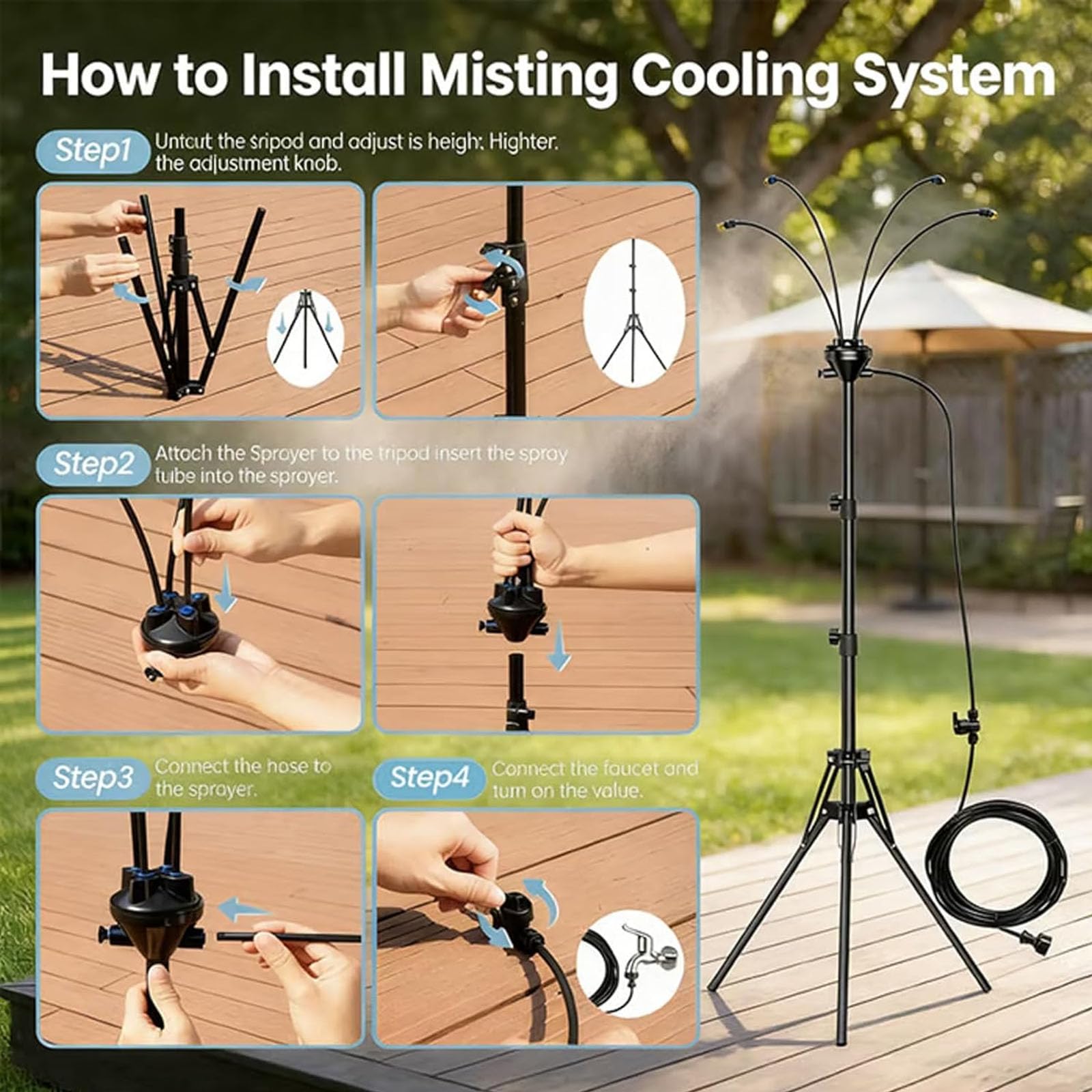 1,7 m Misters do zewnętrznego patio przenośnego systemu mglenia, Mister na zewnątrz do chłodzenia patiosów z 8 m linią wody, Patio Misters do chłodzenia grilla na zewnątrz, podwórz, opalanie, basen