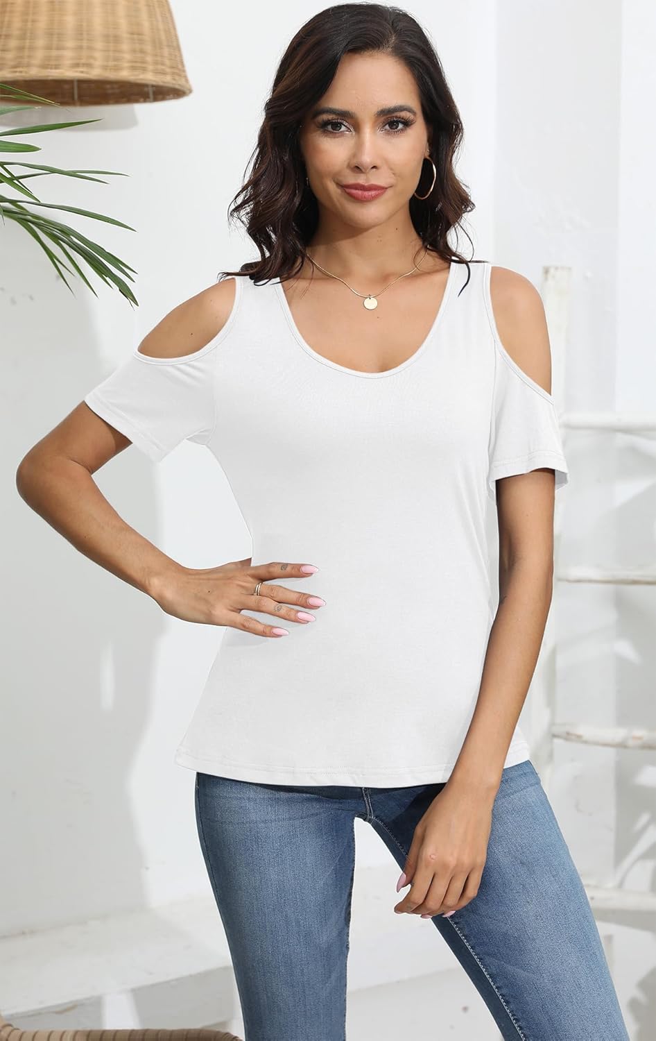 Soesdemo Women Summer Tops Scoop Neck Cold Shoulder Short Sleeve 2024 Loose Fit Basic Tee Shirts - Image 2