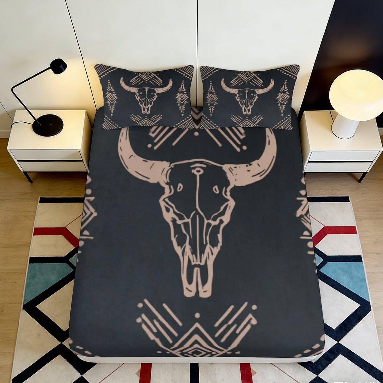 3D Printed Bull Skull Fitted Sheet Microfiber Soft Black Western Tribal Bed Cover for Bedroom Guest Room Decor 90x200x25cm