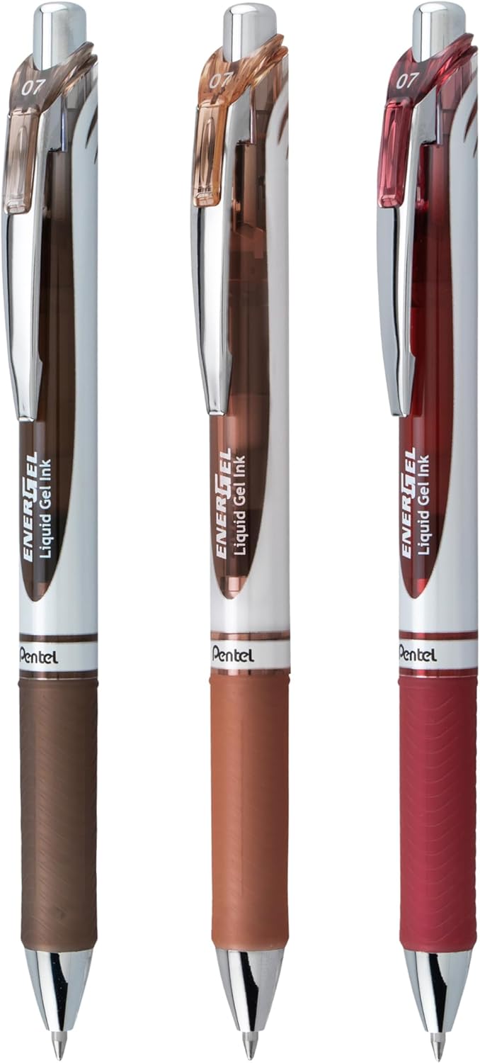 Pentel EnerGel RTX Retractable Liquid Gel Pen, Change Hue, 0.7mm, Sepia, Brown and Burgundy Ink, Pack of 3 Pens (BL77CHABP3M)